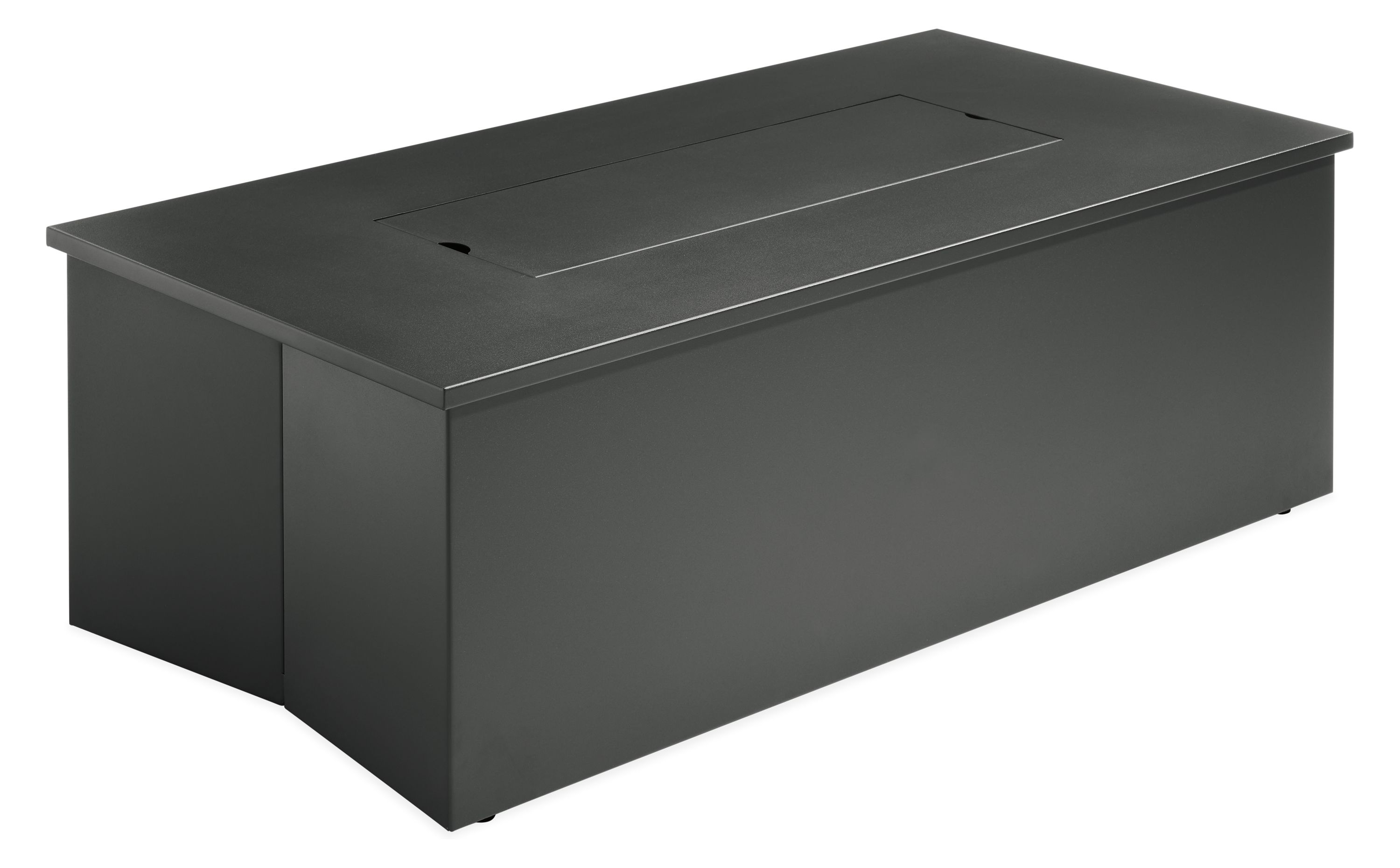angled view of adara 61x31 outdoor fire table in graphite with cover on.