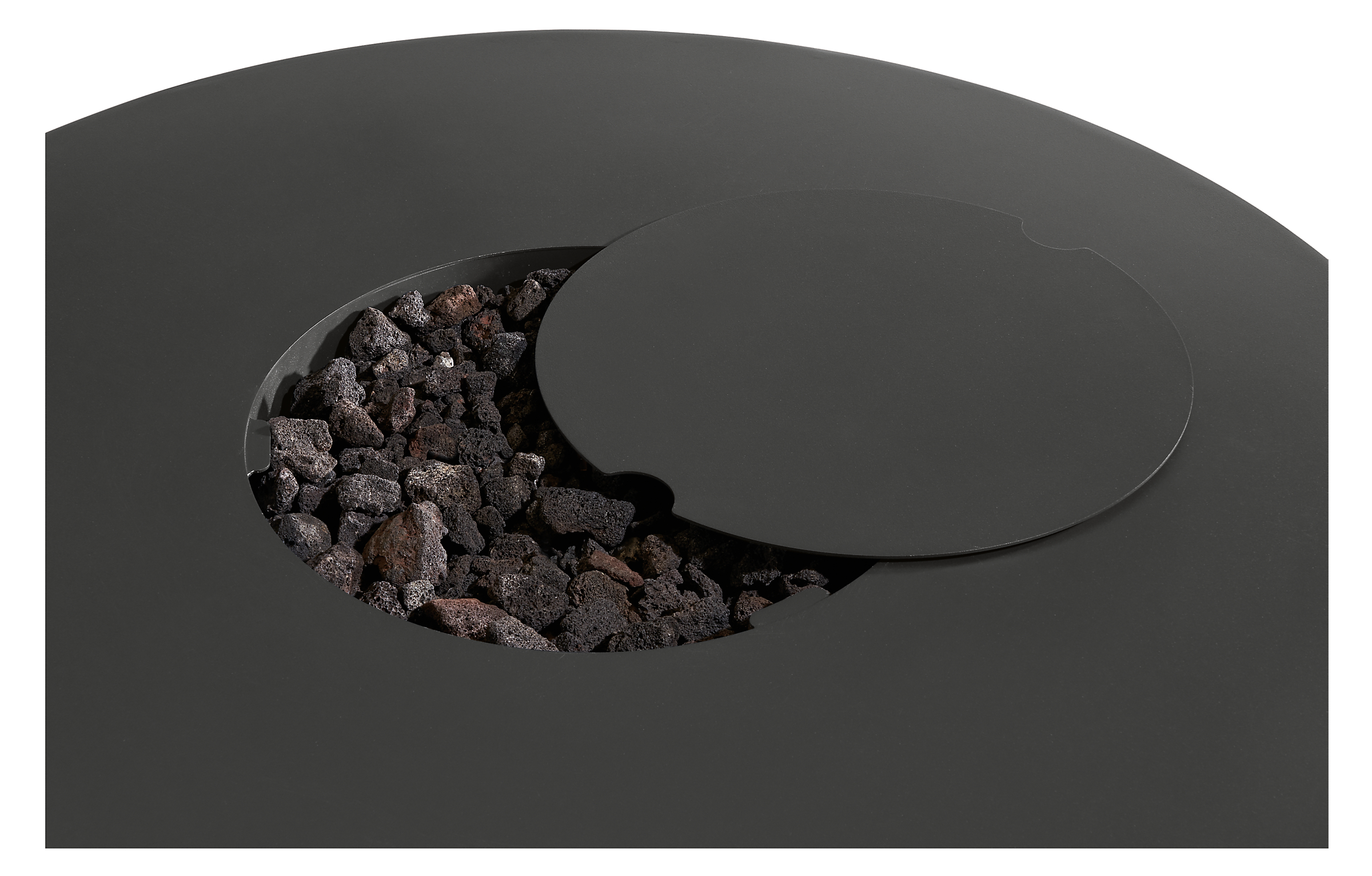 Detail of Adara 42-round Outdoor Fire Table lava rocks and lid.