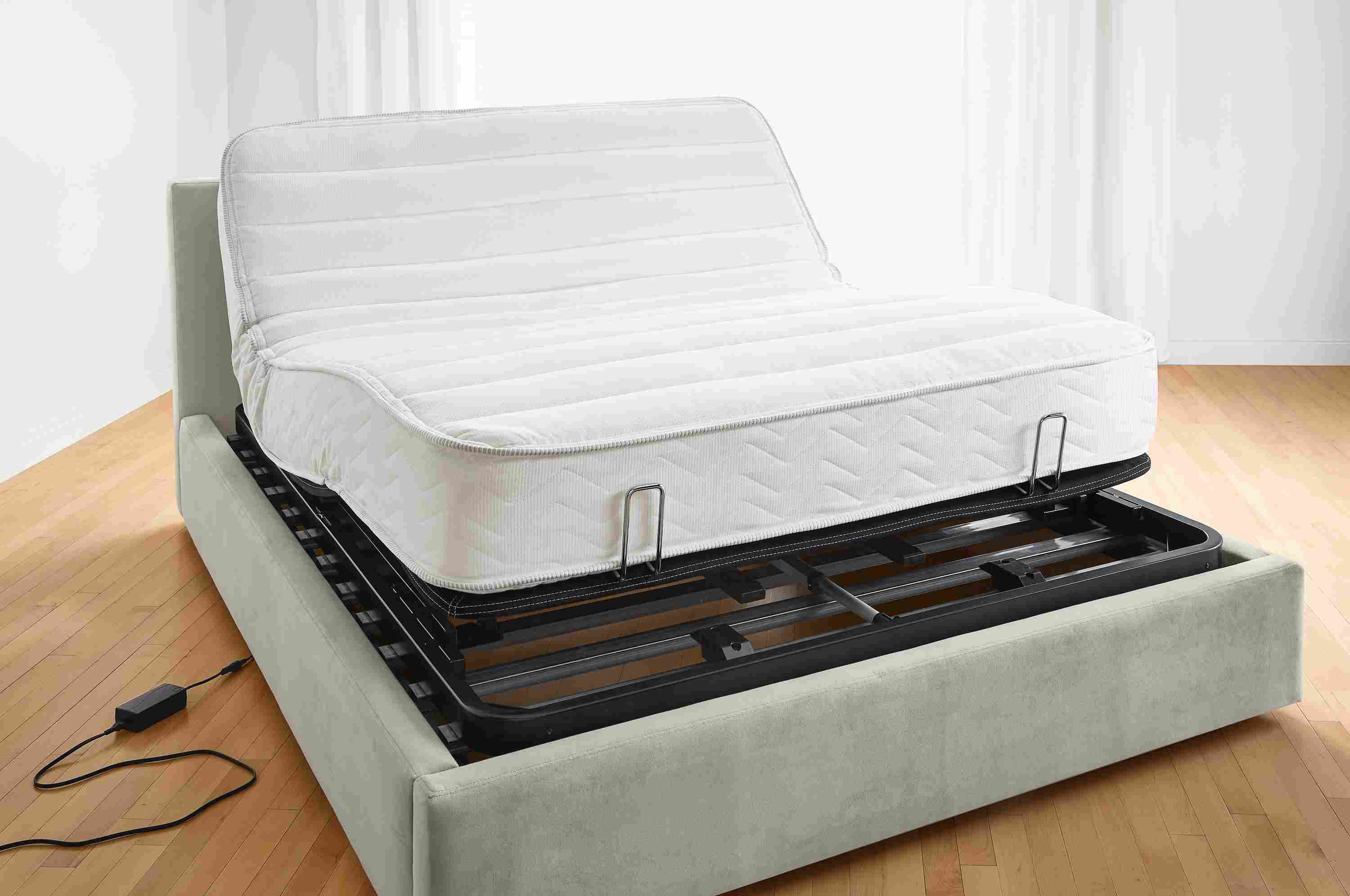 Detail of Room & Board queen deluxe adjustable bed base with mattress.