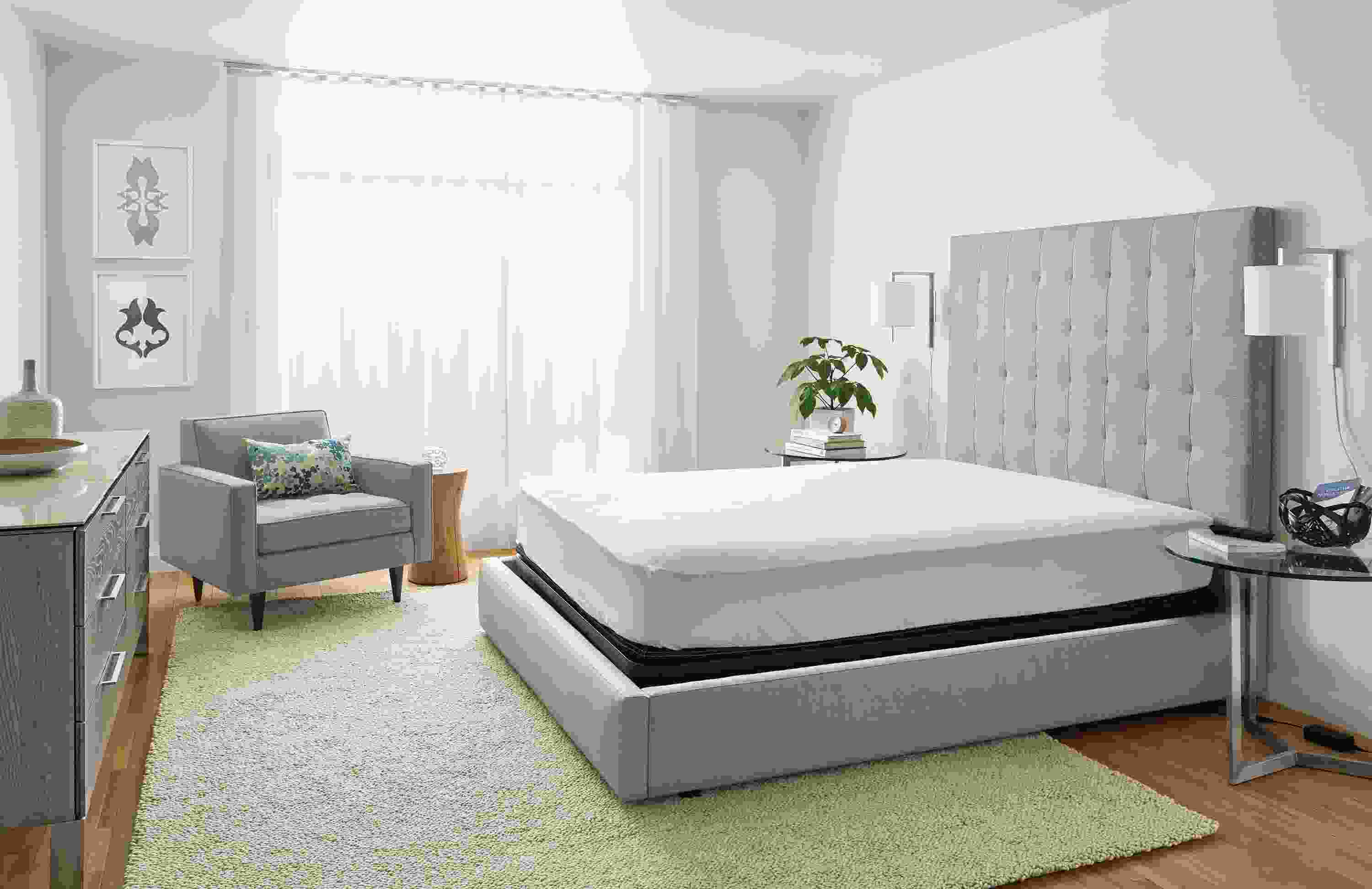 Large bedroom with Room & Board queen deluxe adjustable mattress base shown with mattress.