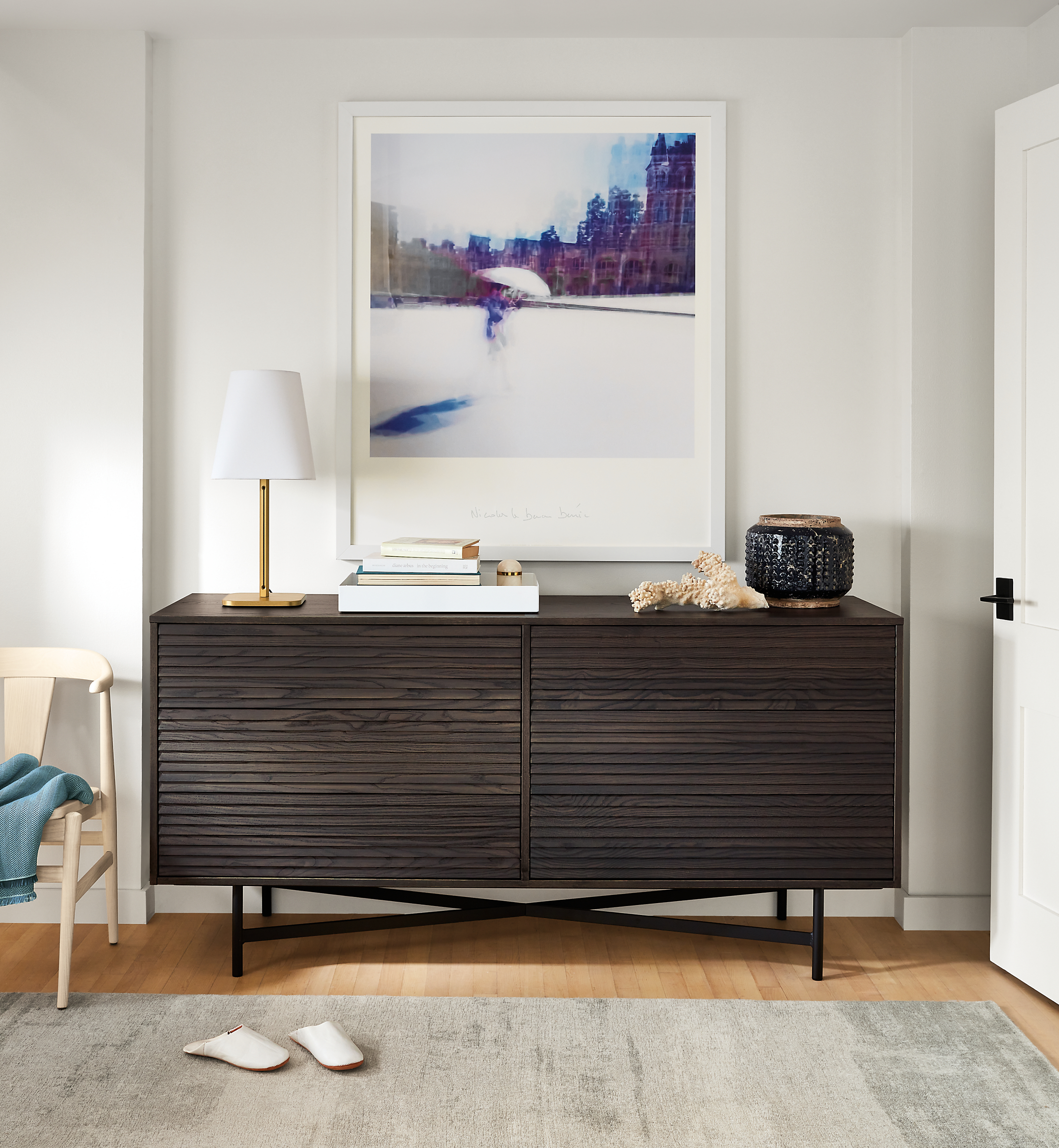 Adrian 72-wide Six-Drawer Dresser with Impression 6'x9' Rug in Grey.