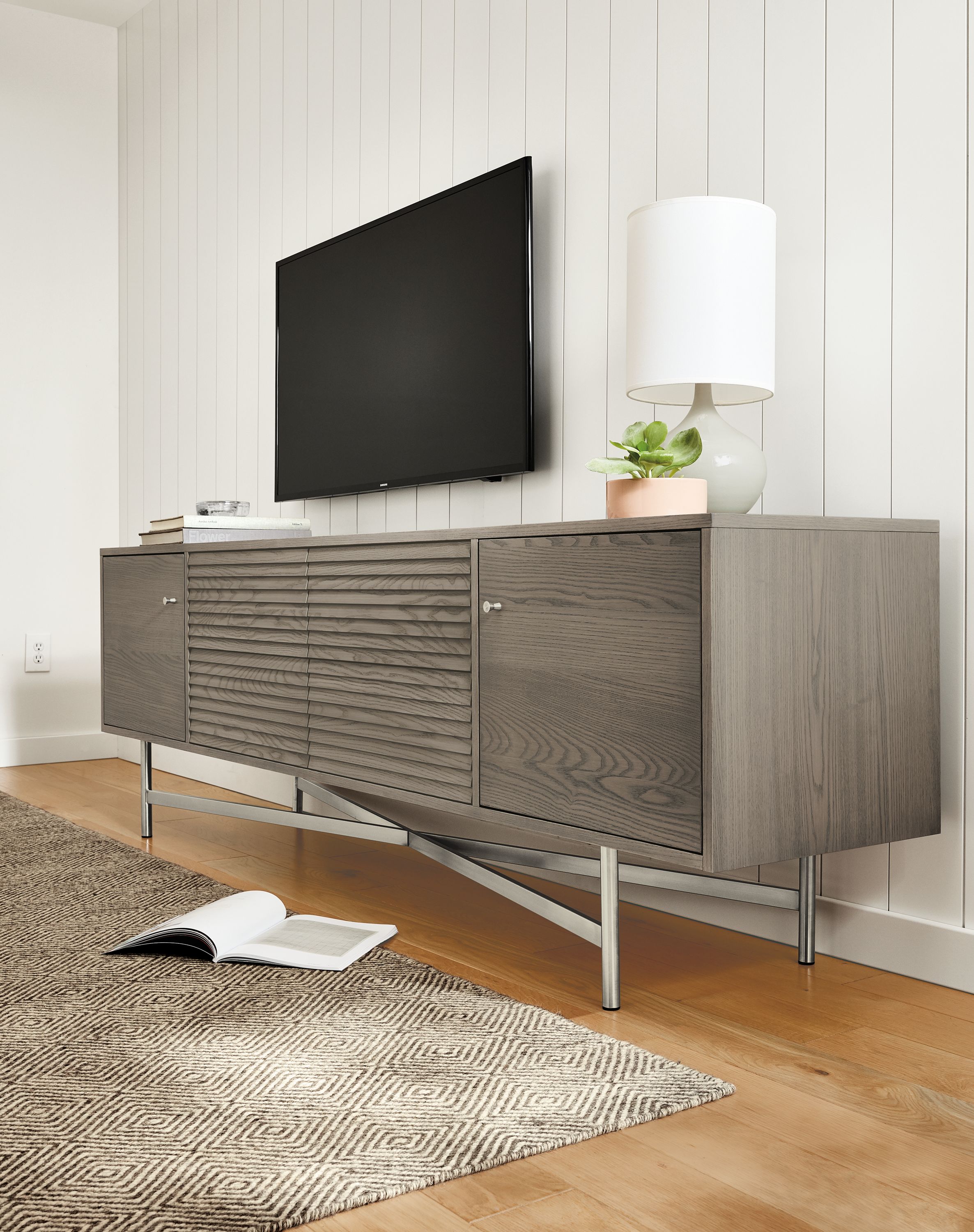 84w cabinet in shell stain with stainless steel base