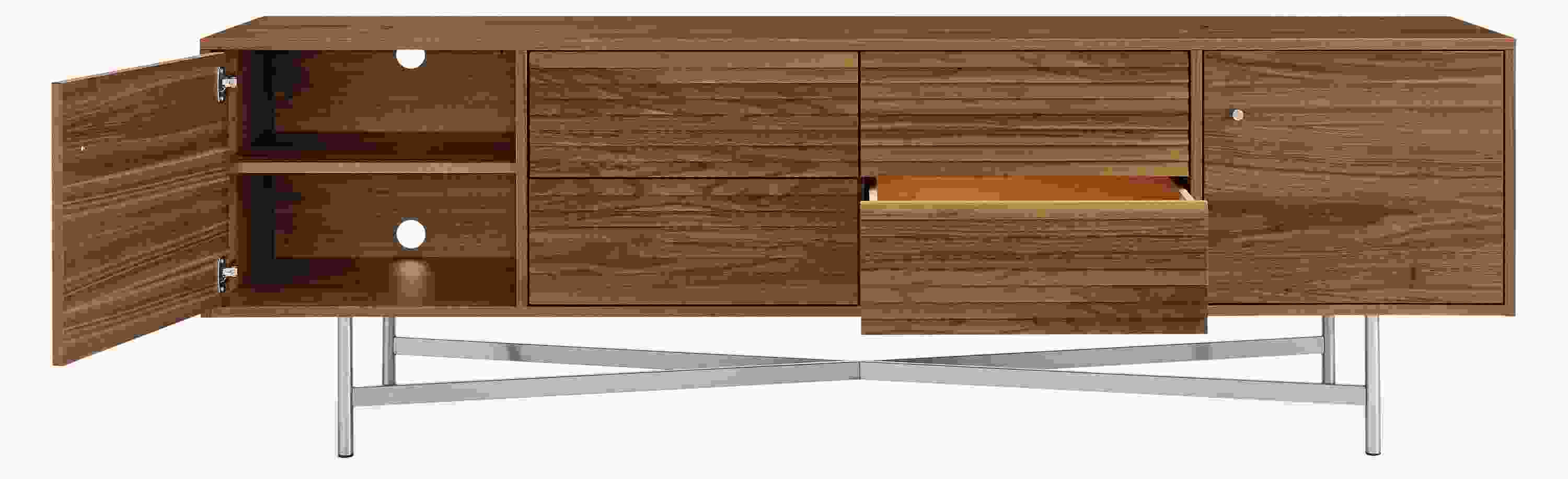 Detail of open Adrian media cabinet.