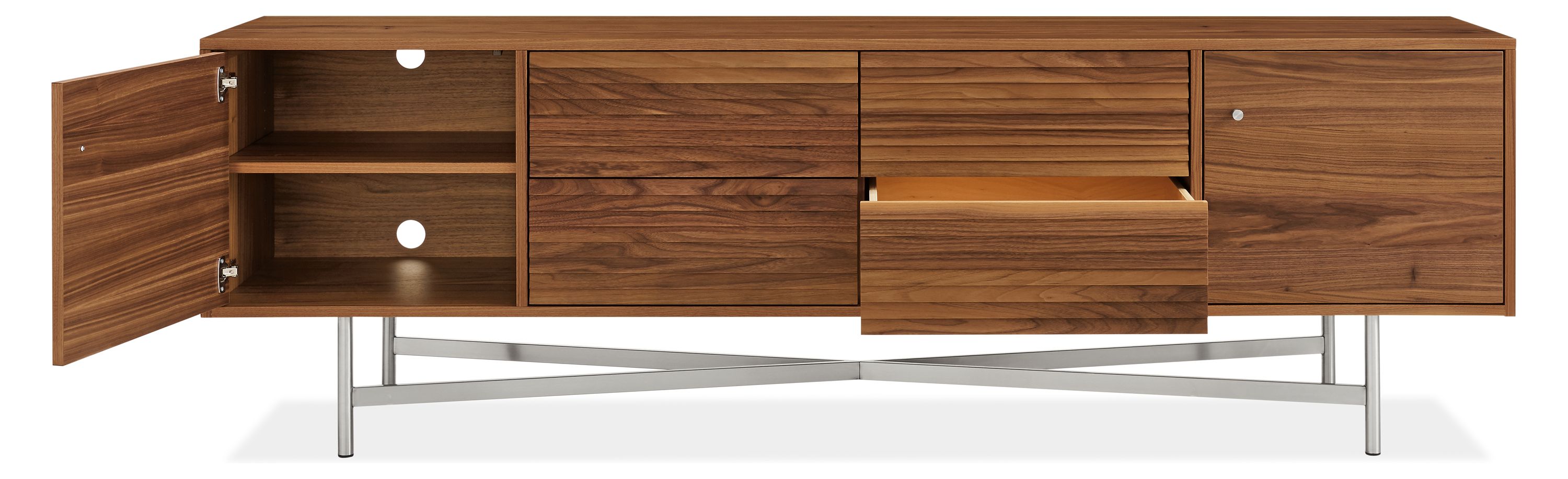 Detail of open Adrian media cabinet.