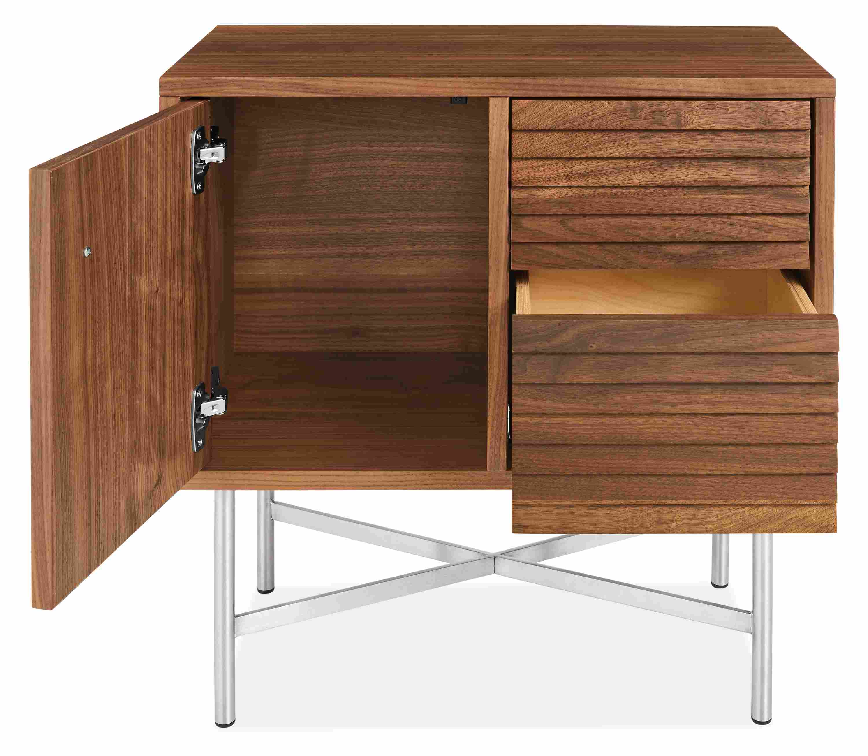 Detail of Adrian storage cabinet with door and drawer open.