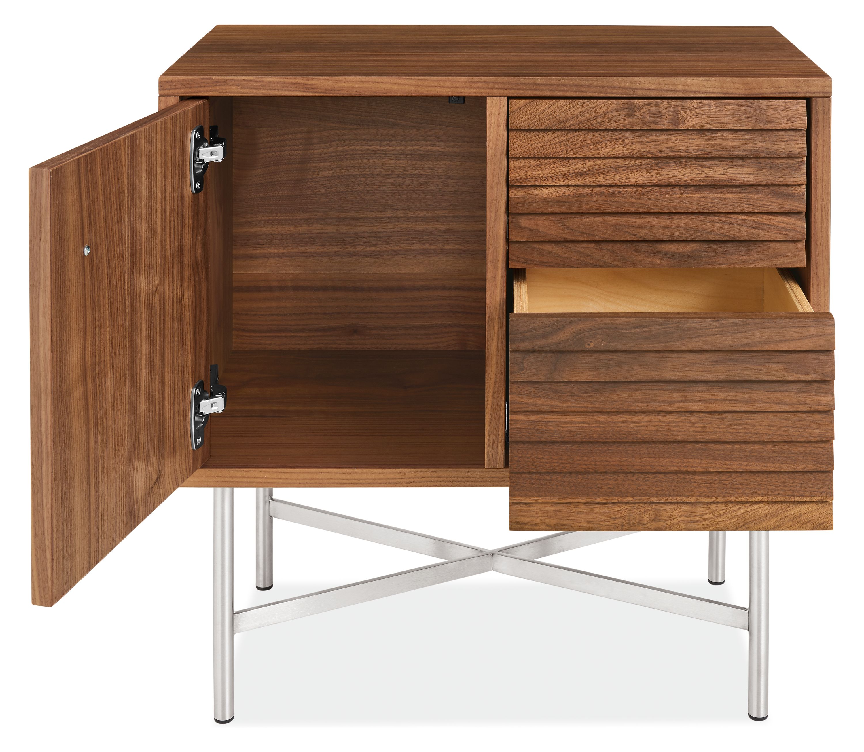 Detail of Adrian storage cabinet with door and drawer open.