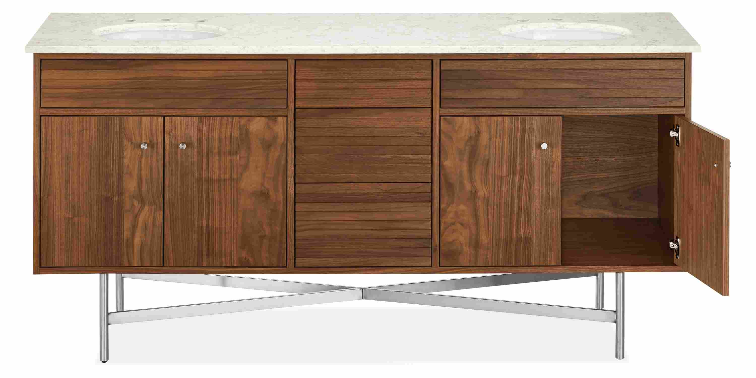 Detail of open Adrian bathroom vanity base cabinet with top.