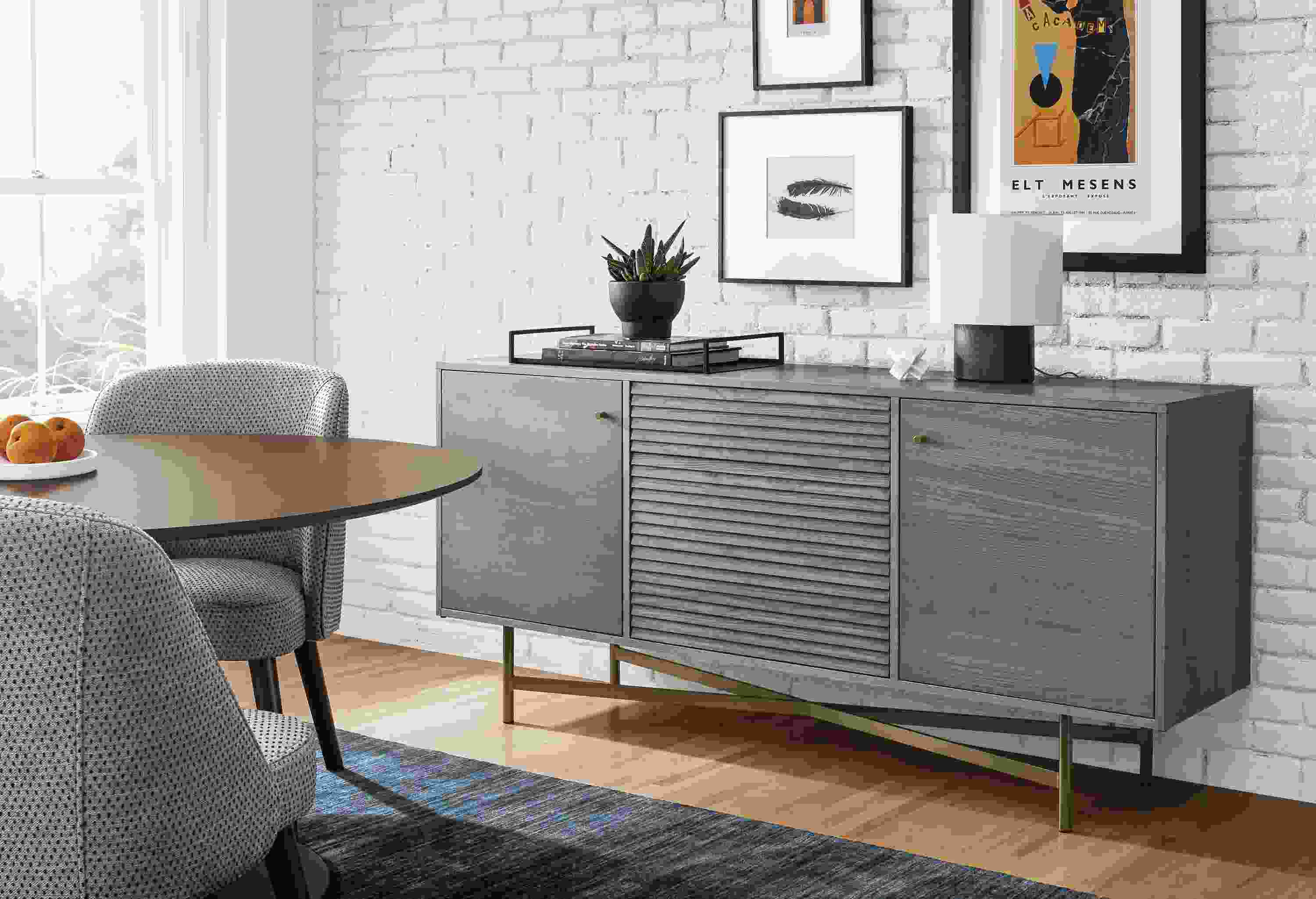 Angled detail of 72-wide Adrian dining cabinet in shell.