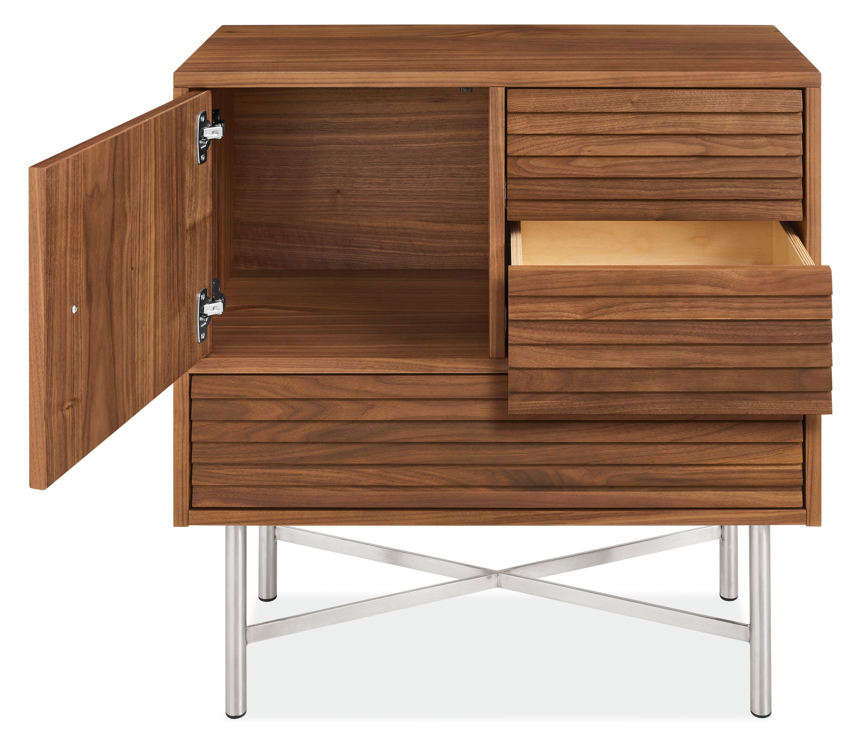 Detail of 30w Adrian storage cabinet with door and drawer open.