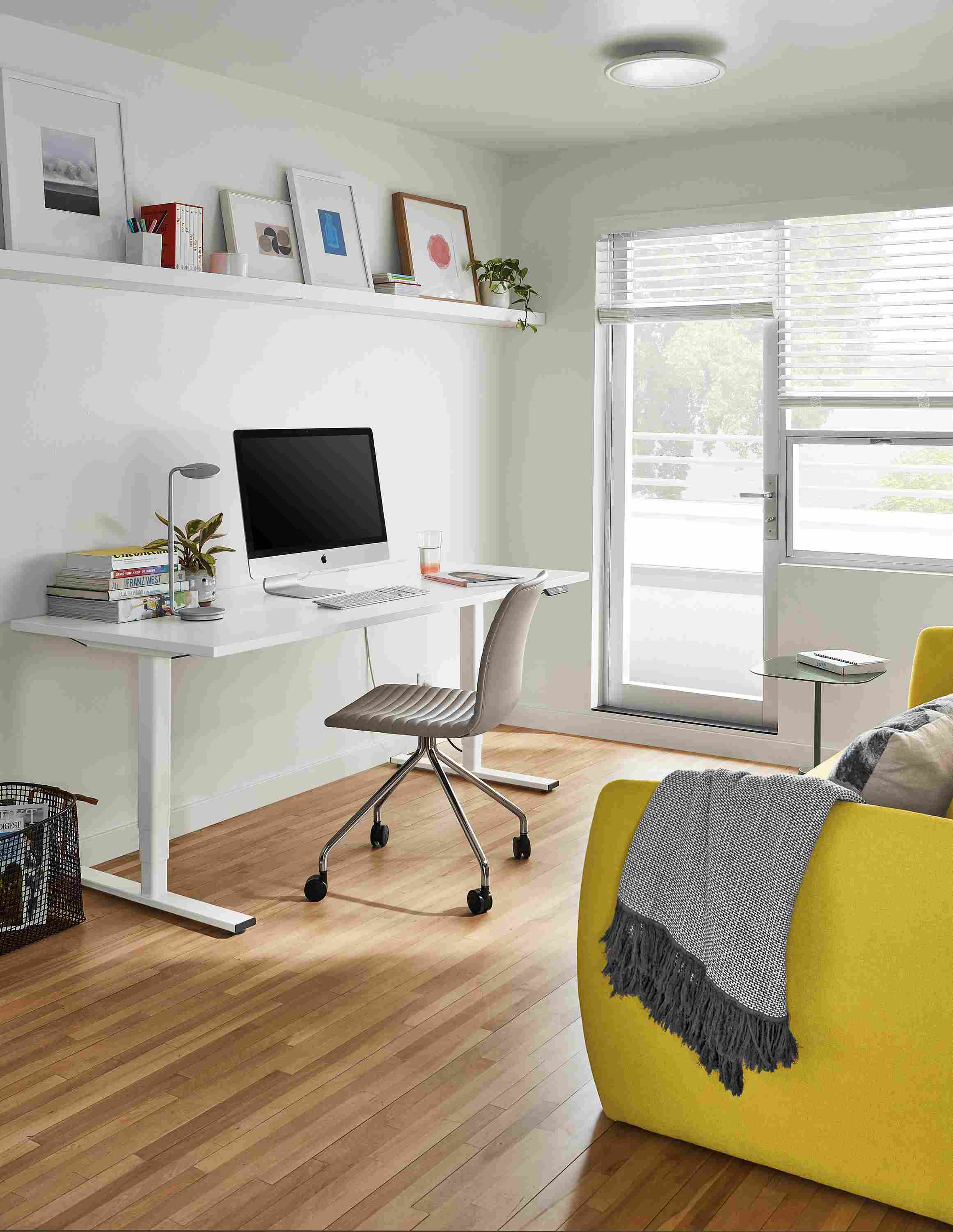 Aedric 72-wide Adjustable Standing Desk in white with Cato Office Chair in Sarno Grey Leather.