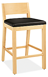 Angled view of Afton Counter Stool in  Maple and Pesaro Black Leather.