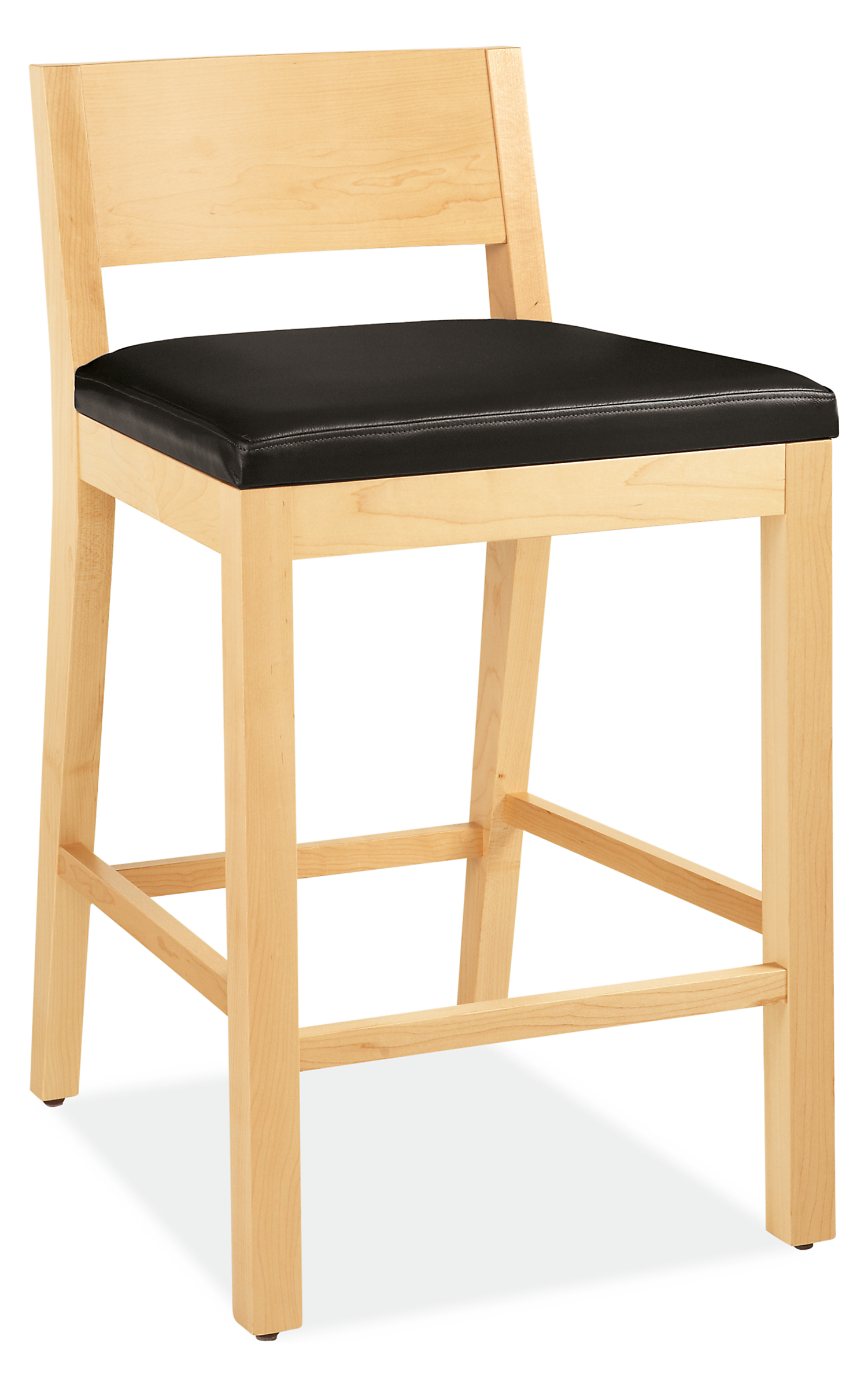 Angled view of Afton Counter Stool in  Maple and Pesaro Black Leather.