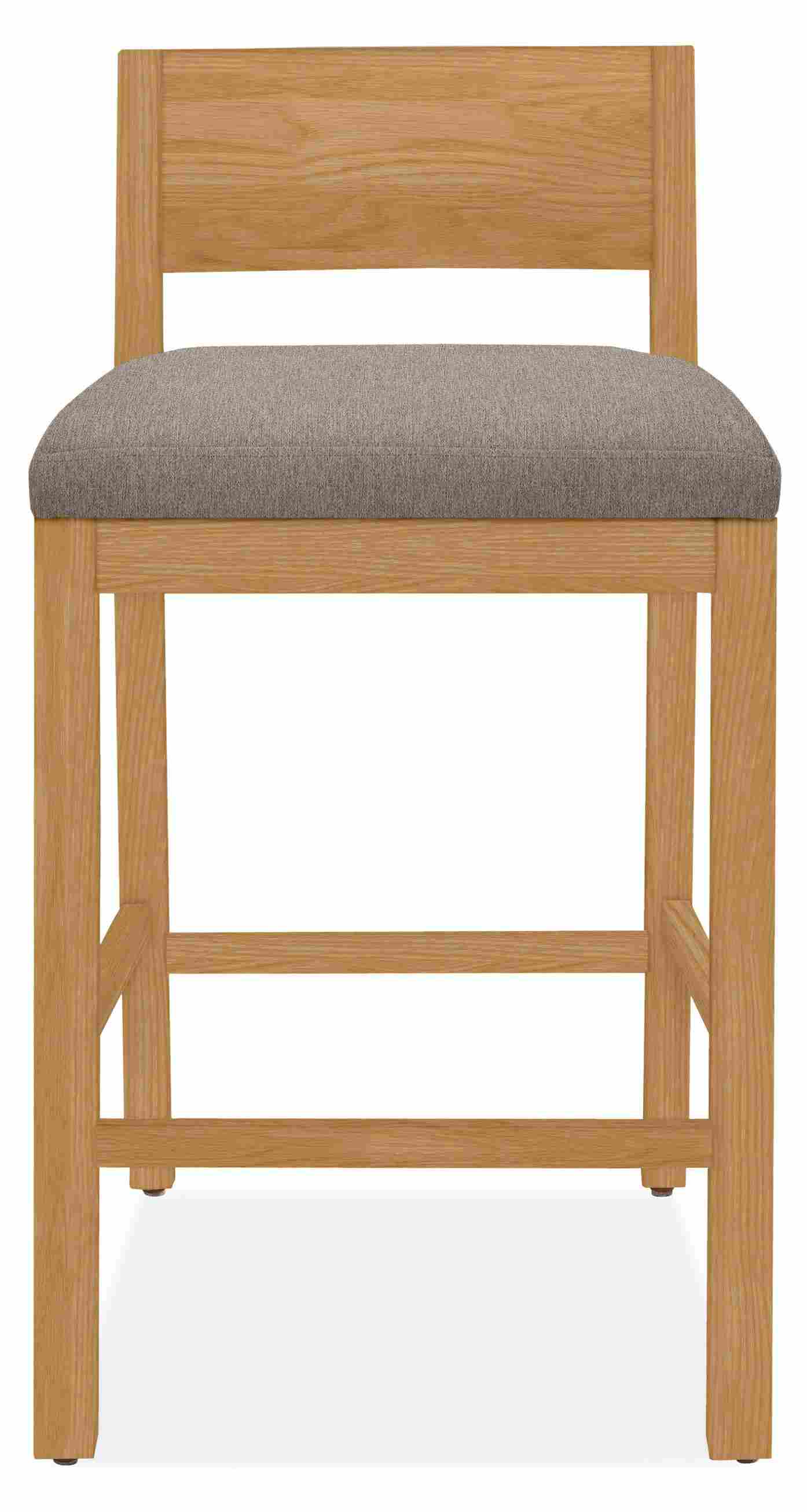 Front view of Afton counter stool in white oak with fabric seat.