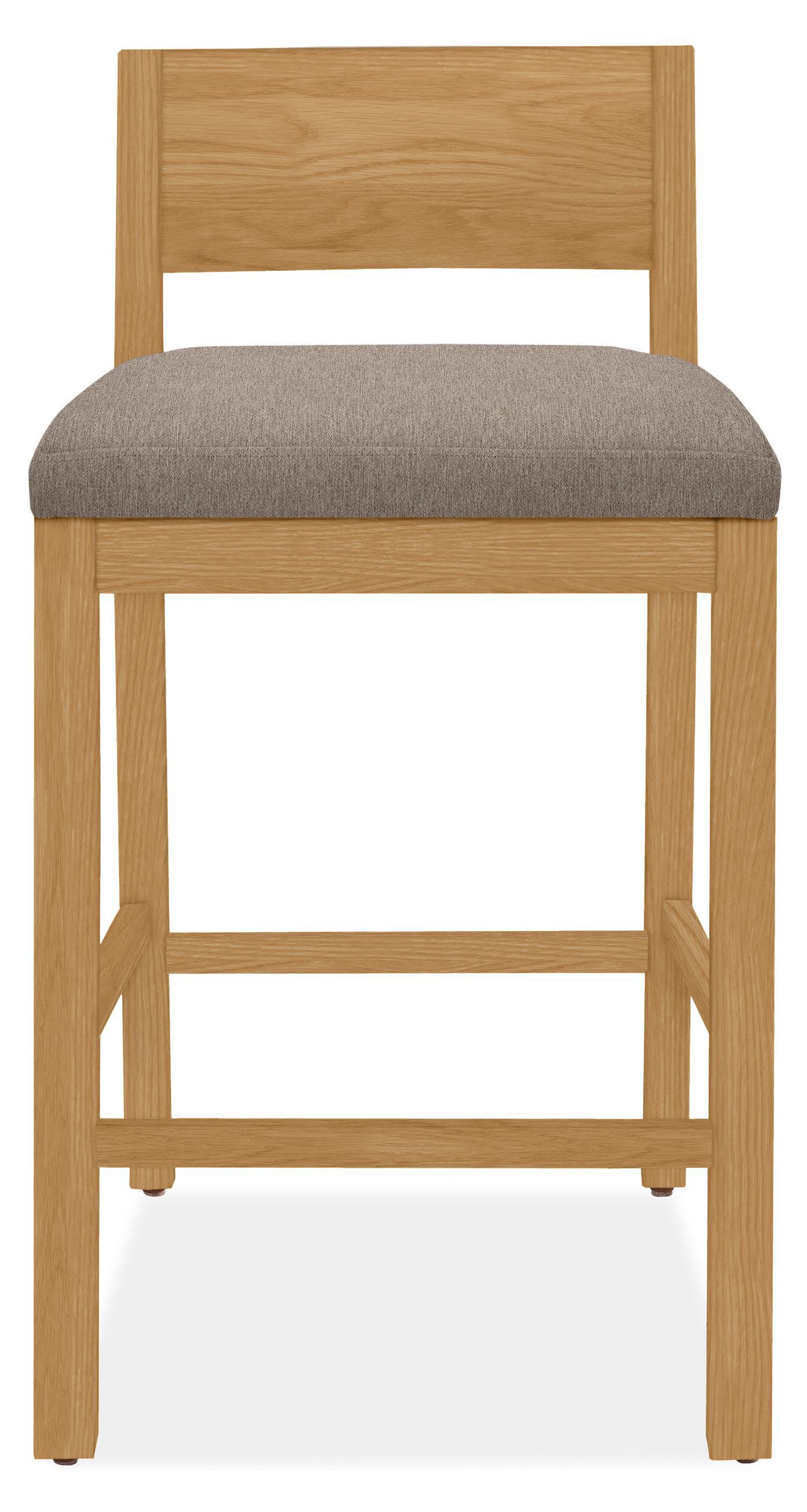 Front view of Afton counter stool in white oak with fabric seat.