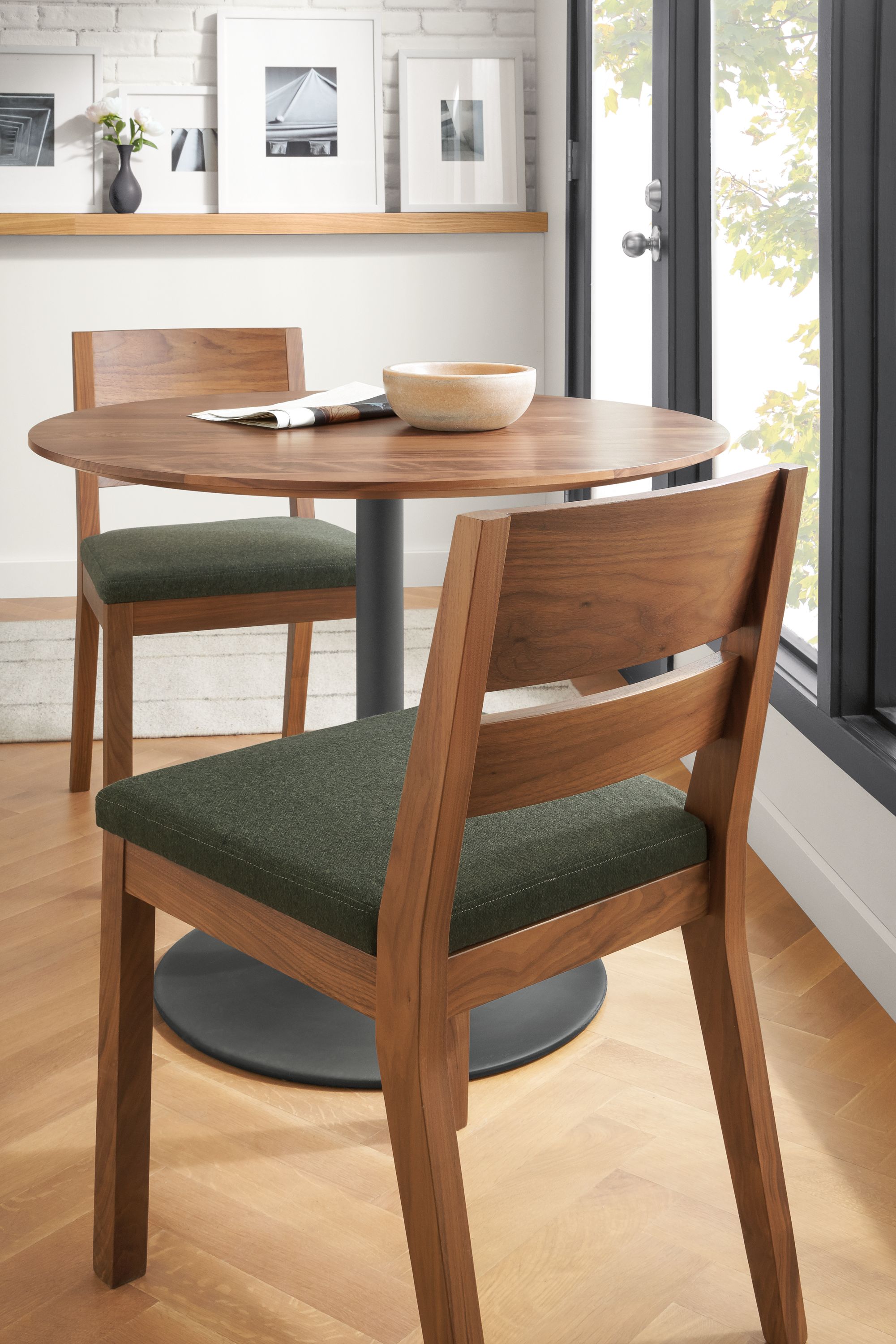 Side chair in Flint olive fabric with walnut frame