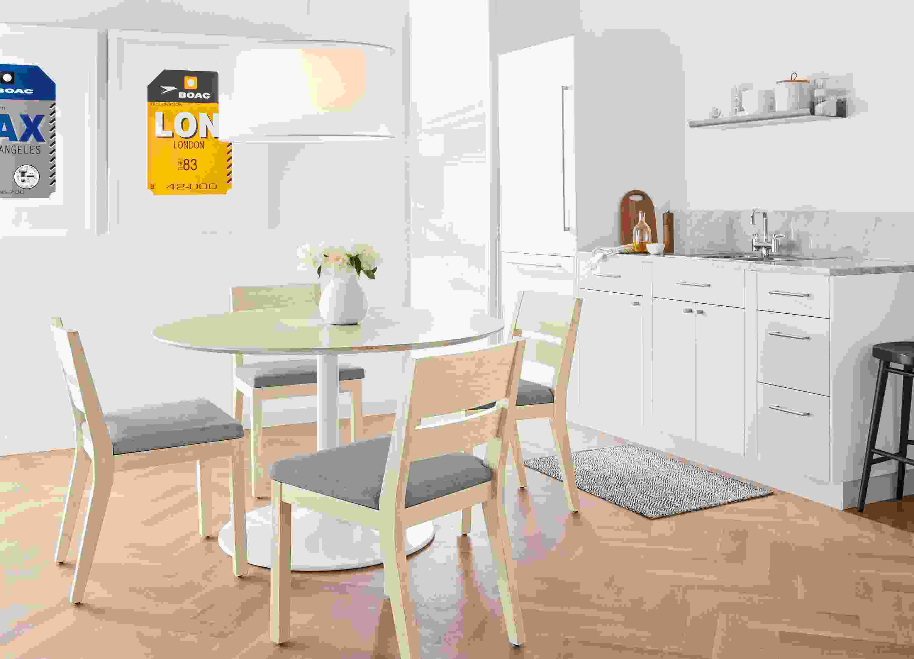 Detail of four Afton side chairs in small kitchen.