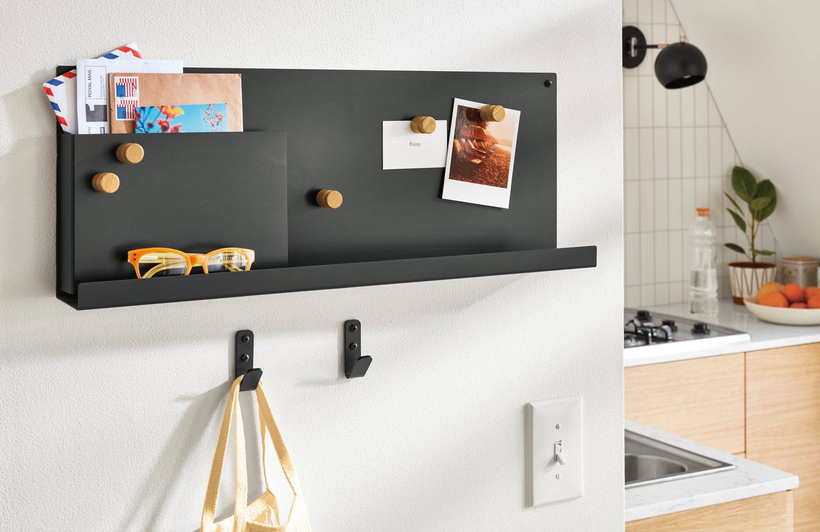 Room setting with Agenda magnetic board and Crew wall hooks