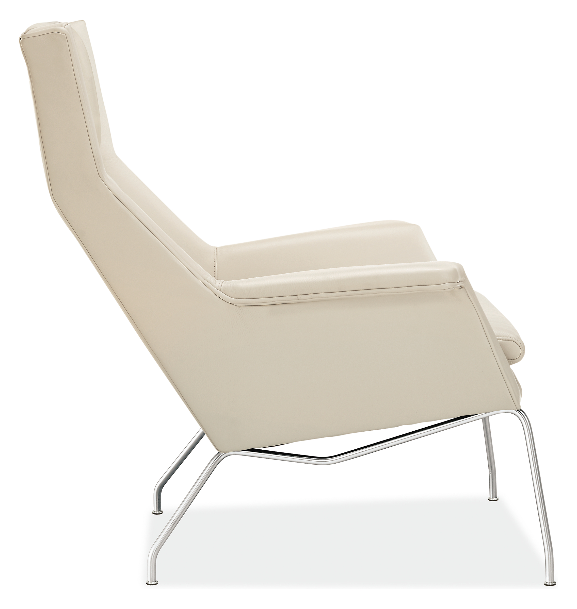 Side view of Aidan Chair in Urbino Leather with Stainless Steel base.