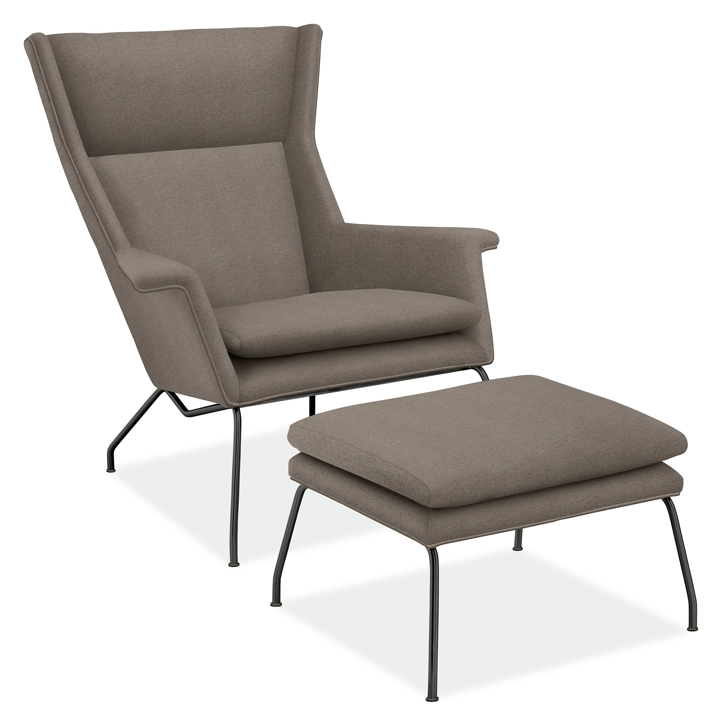 Angle  view of Aidan Chair and Ottoman in Tatum Fog with Natural Steel base.