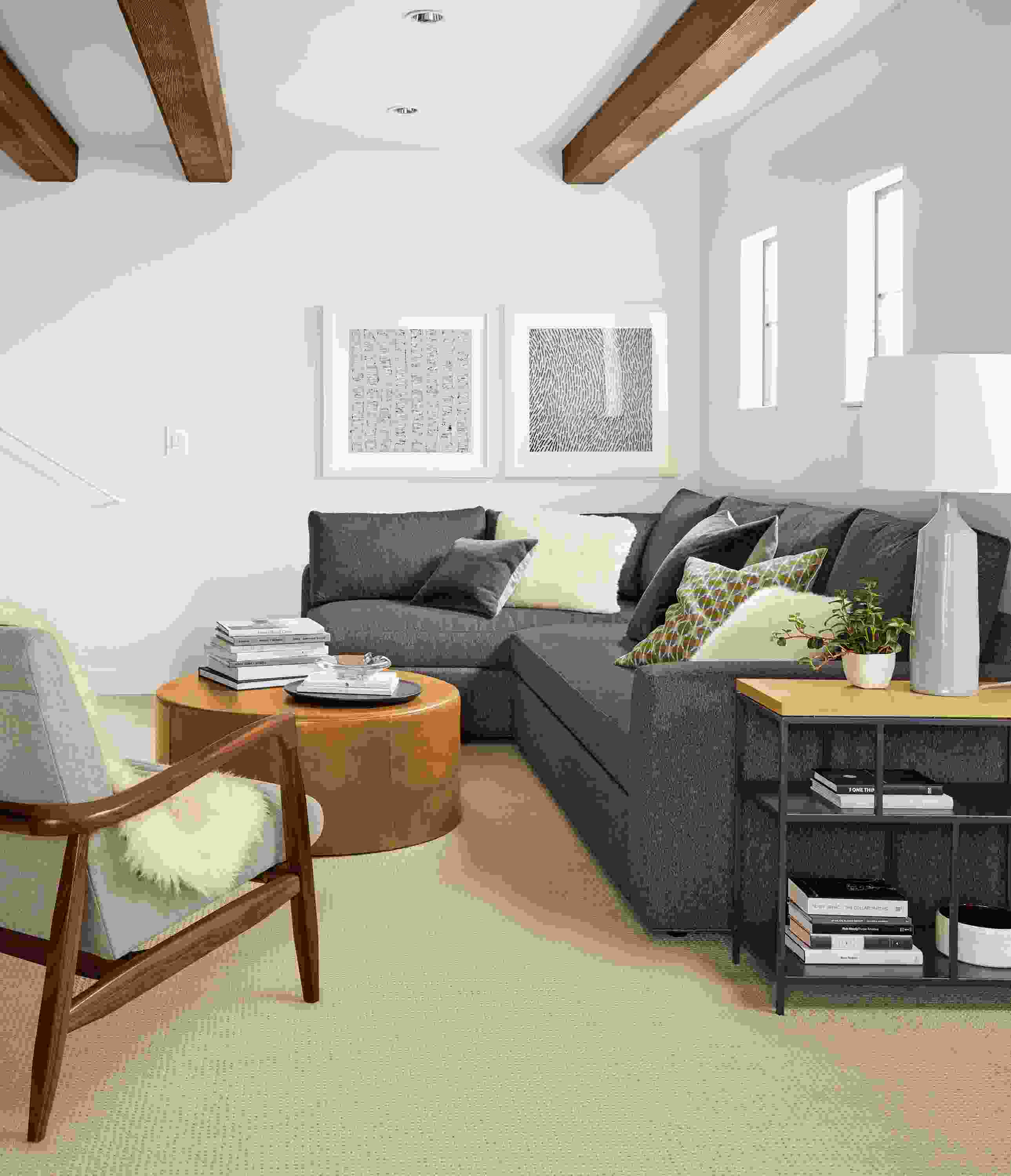 Living room with Aldrich sleeper sofa in Flint Gunmetal and Aero ottoman in Portofino Cognac.