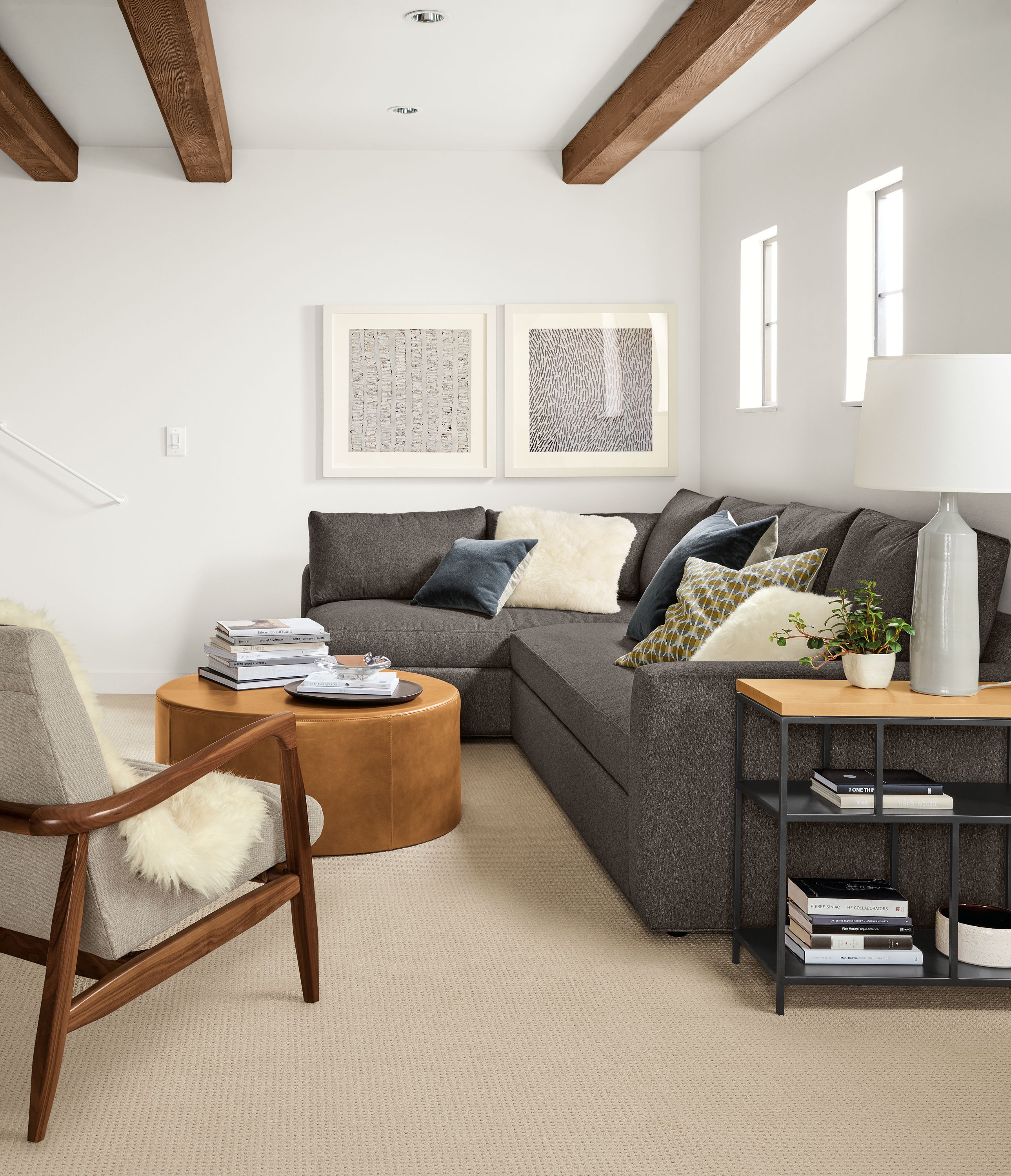 Living room with Aldrich sleeper sofa in Flint Gunmetal and Aero ottoman in Portofino Cognac.