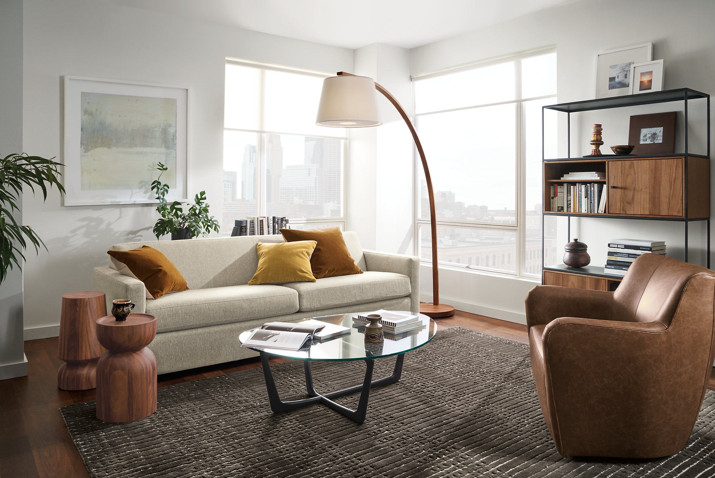 living room with alex sofa, lily swivel chair, dunn coffee table.