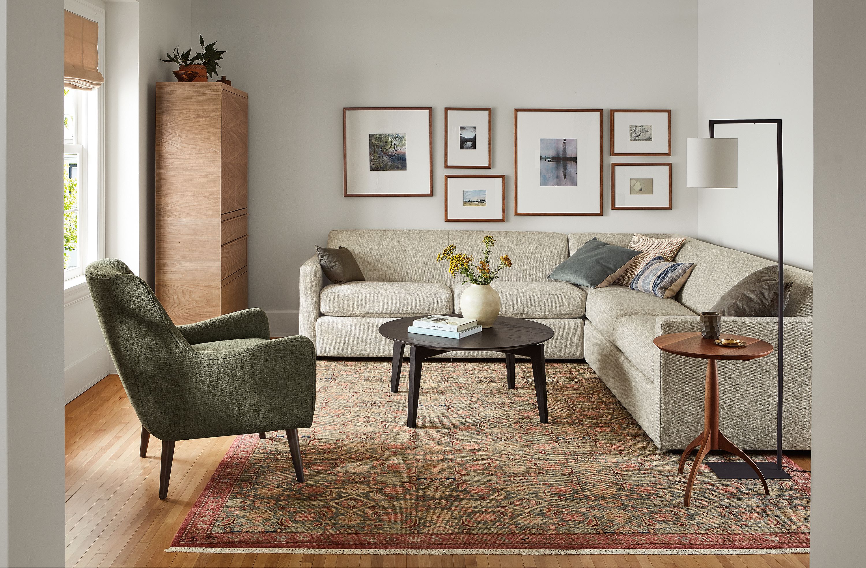 106x106" three-piece sectional in Tepic oatmeal fabric