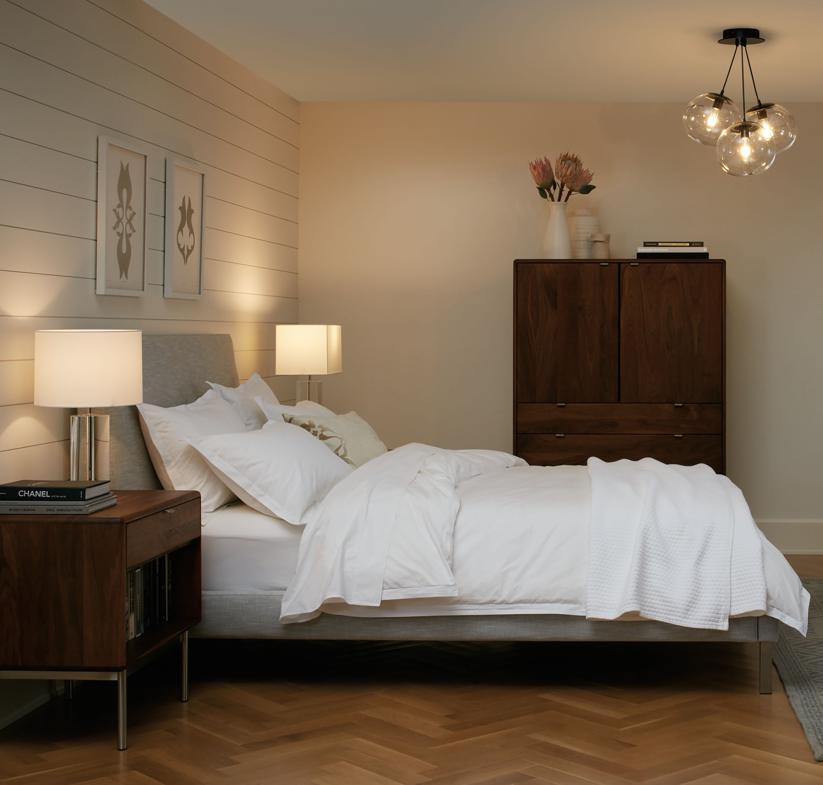 Bedroom with Humboldt 3-globe chandelier in clear glass and Ella queen bed in Destin Grey.