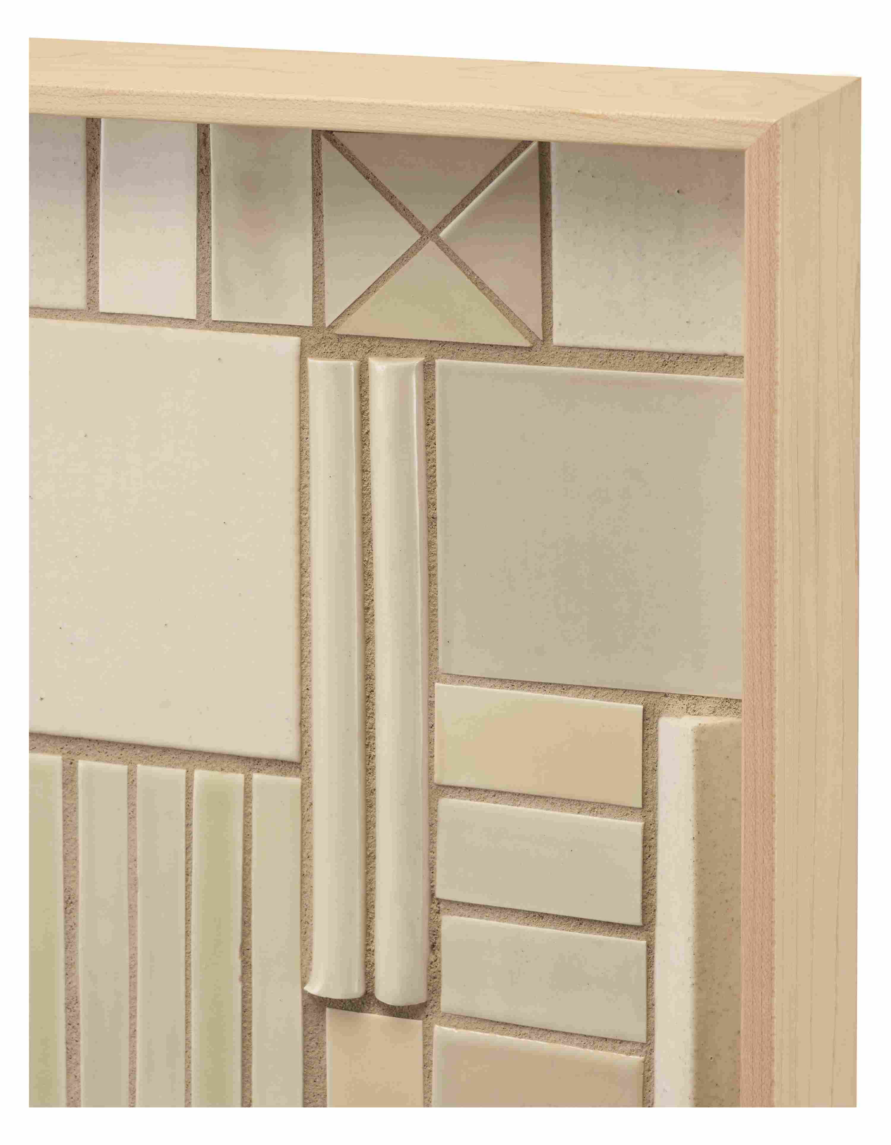 Detail of maple frame on Align Tile Art 2025 wall art from Mercury Mosaics and Tile.