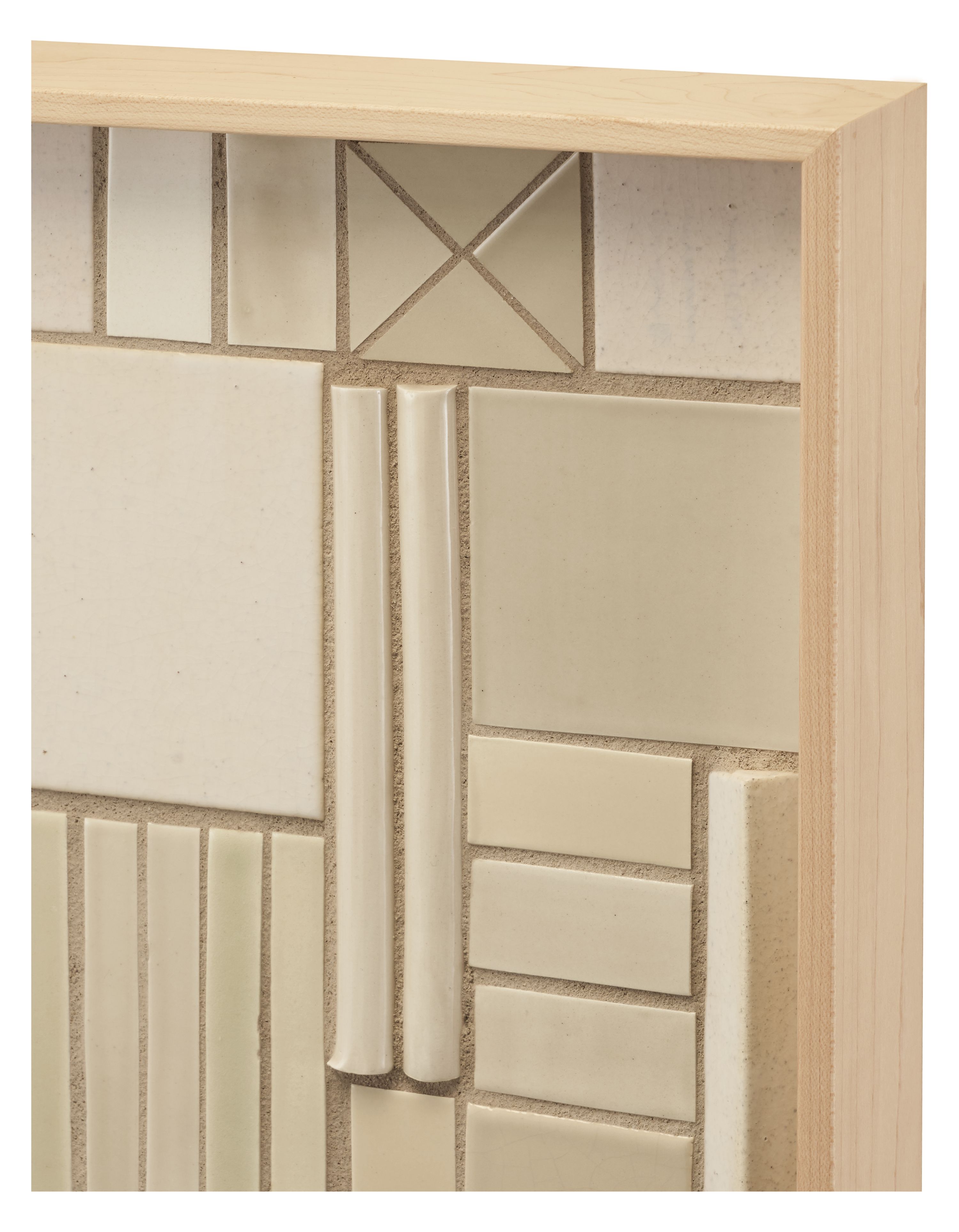 Detail of maple frame on Align Tile Art 2025 wall art from Mercury Mosaics and Tile.