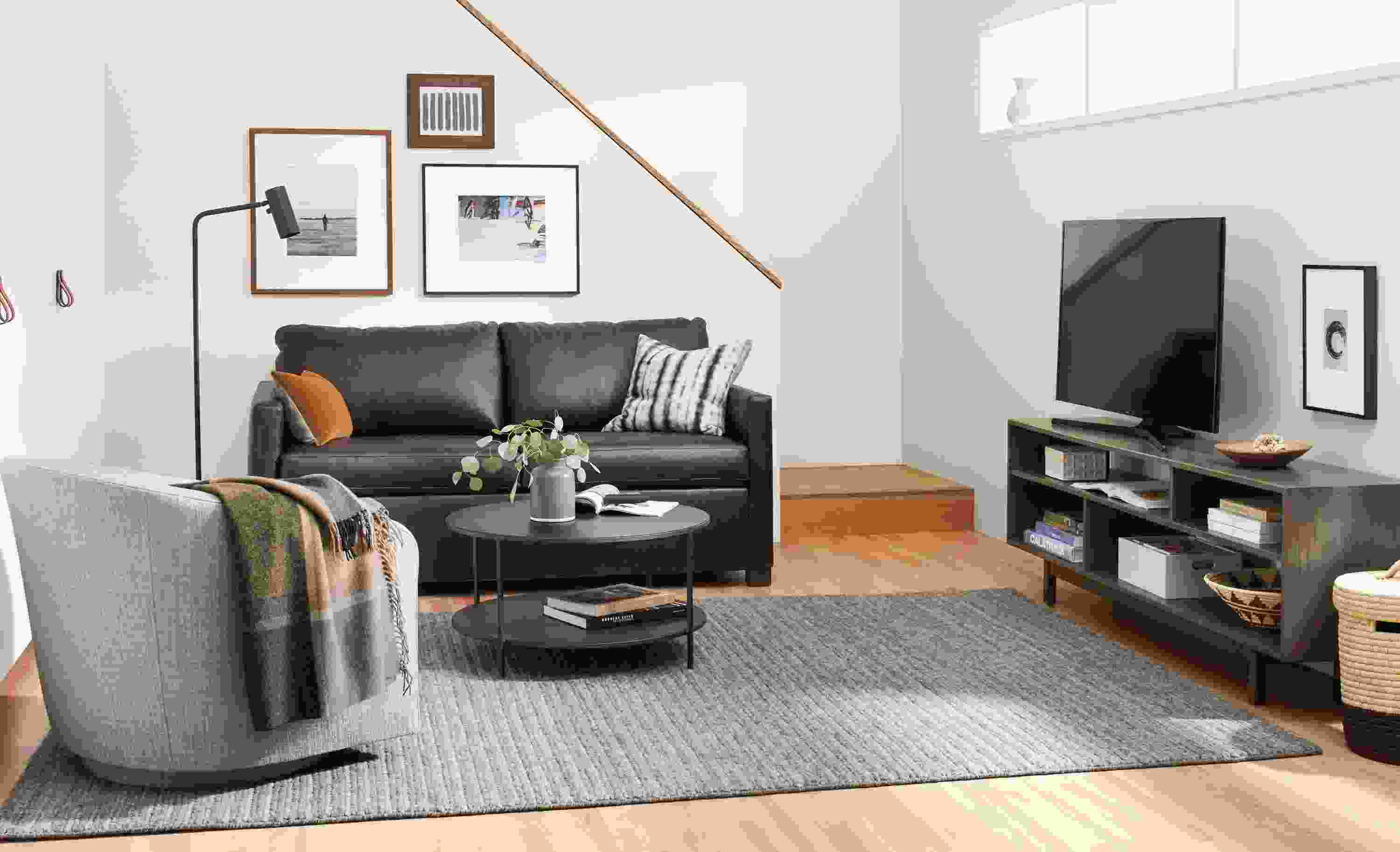 Closed view of leather Allston sleeper sofa.