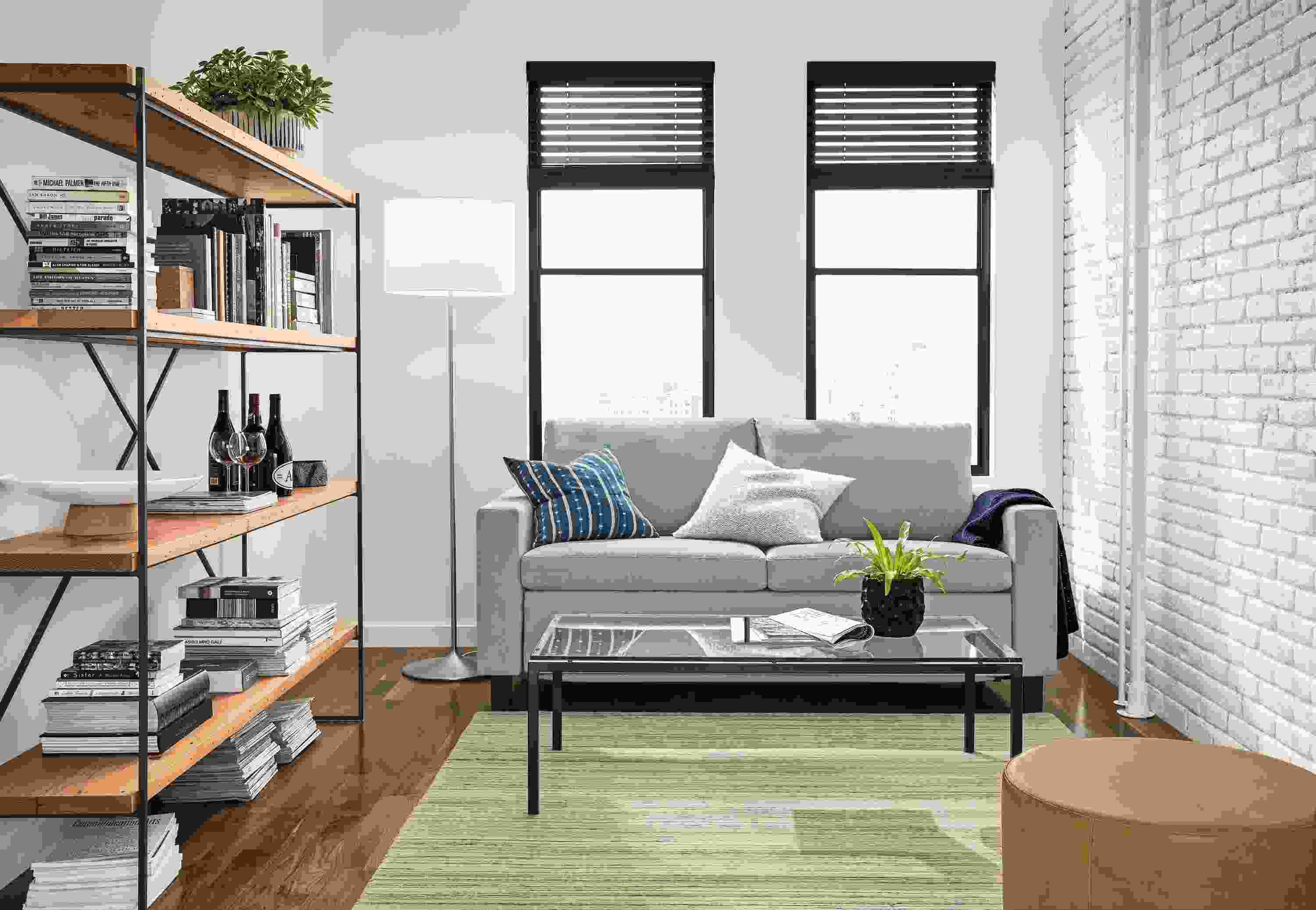 Apartment living room with Allston queen sleeper sofa in Dawson Grey and Nomad rug in Ivory/grey.