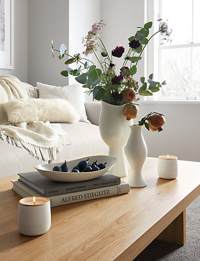 Detail of Althea vases in ivory in living room with Clemens sectional.
