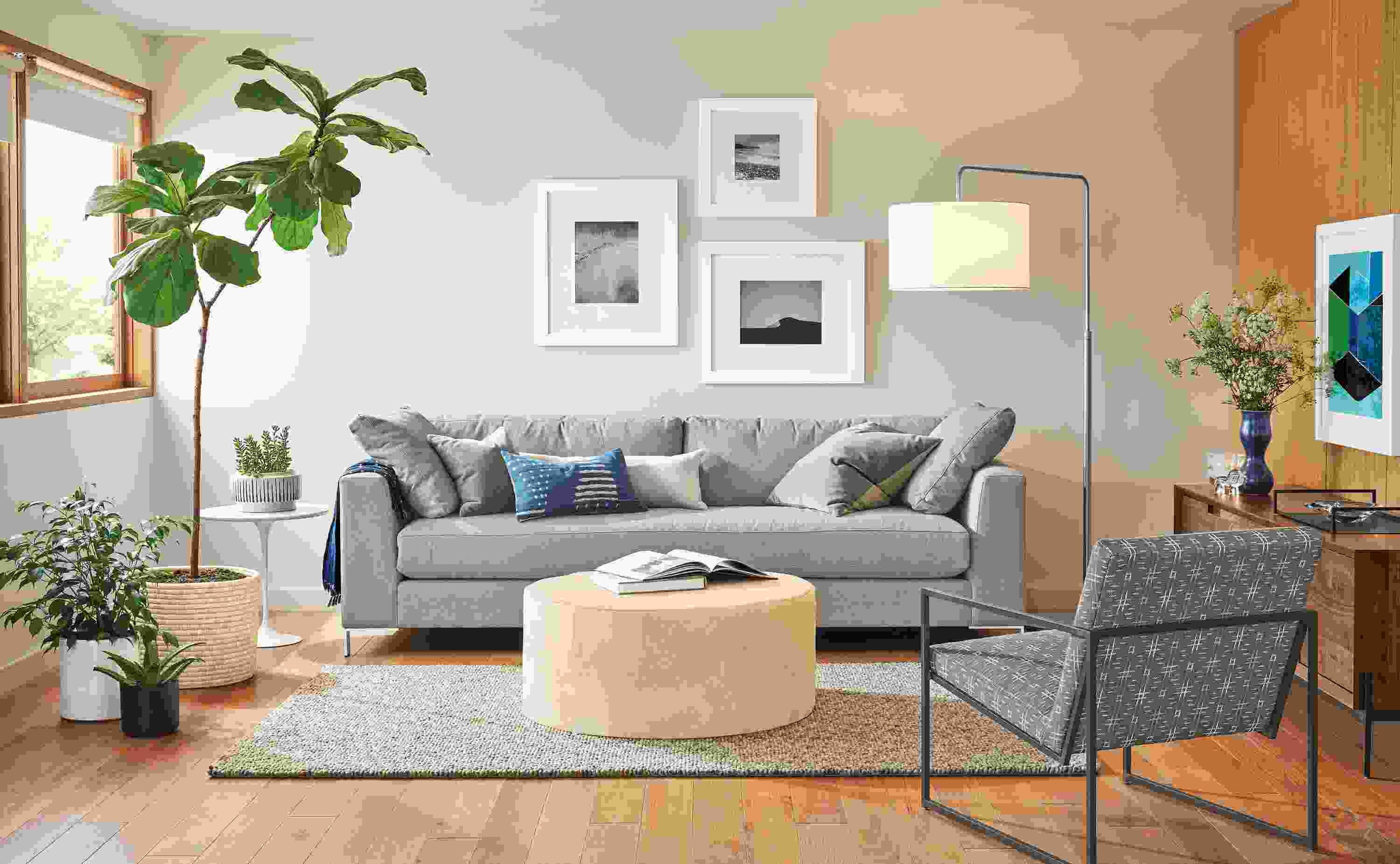 Living room with Altura 100-wide sofa in Sole grey and Novato chair in Brock Cement.