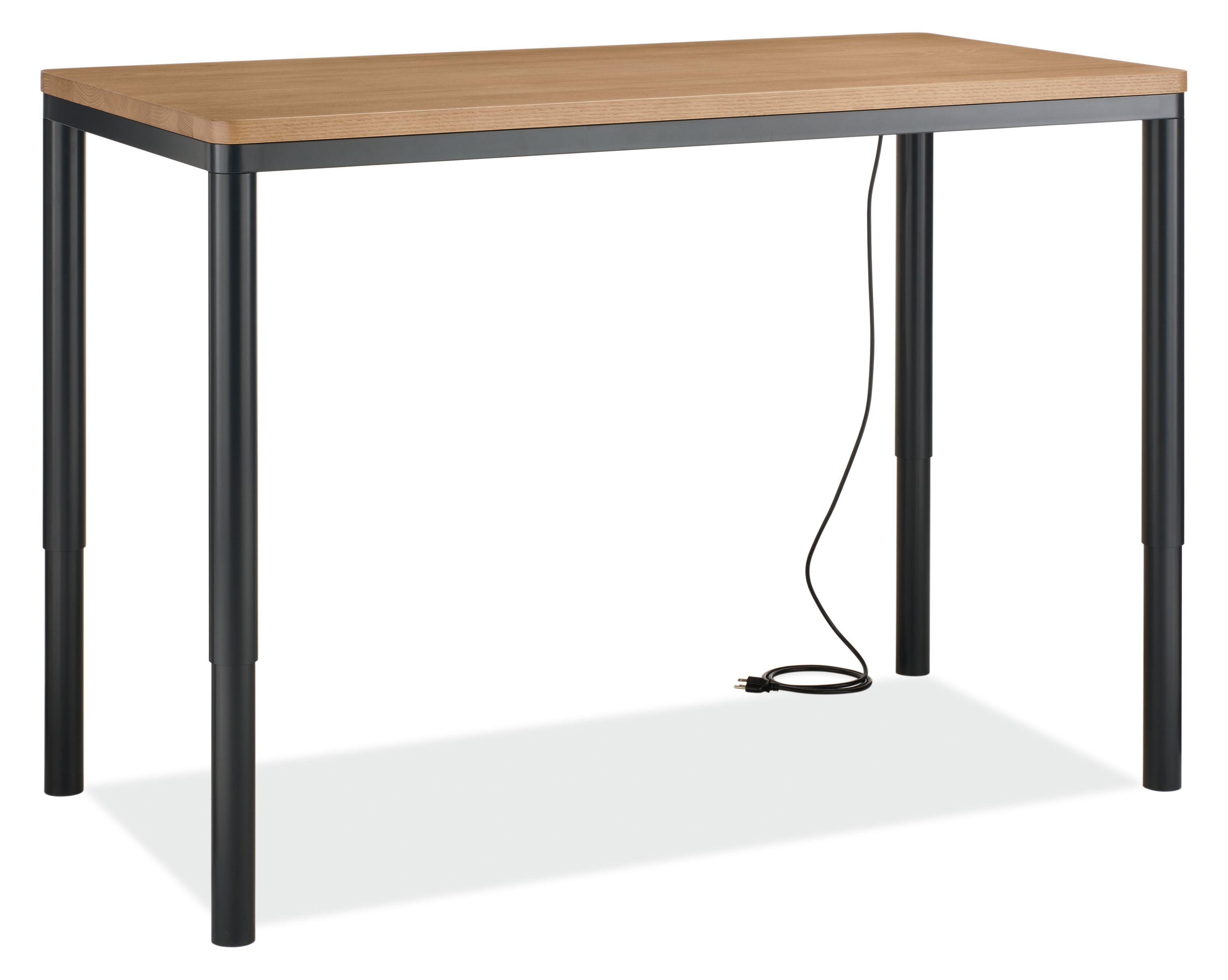 Ames 60-wide adjustable standing desk in graphite and rye on red oak shown in raised position.