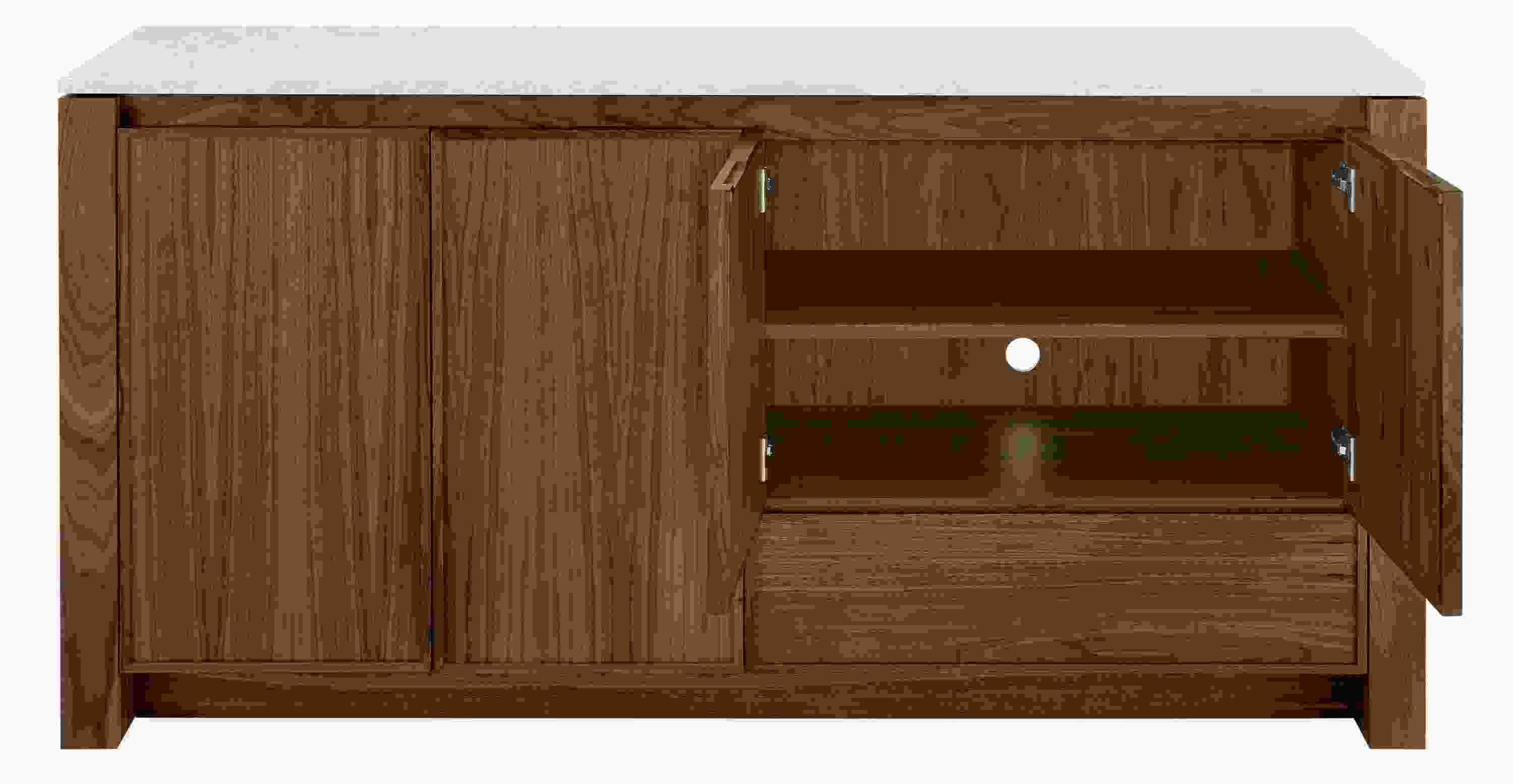 Open cord management detail of Amherst 72-wide Kitchen Island.