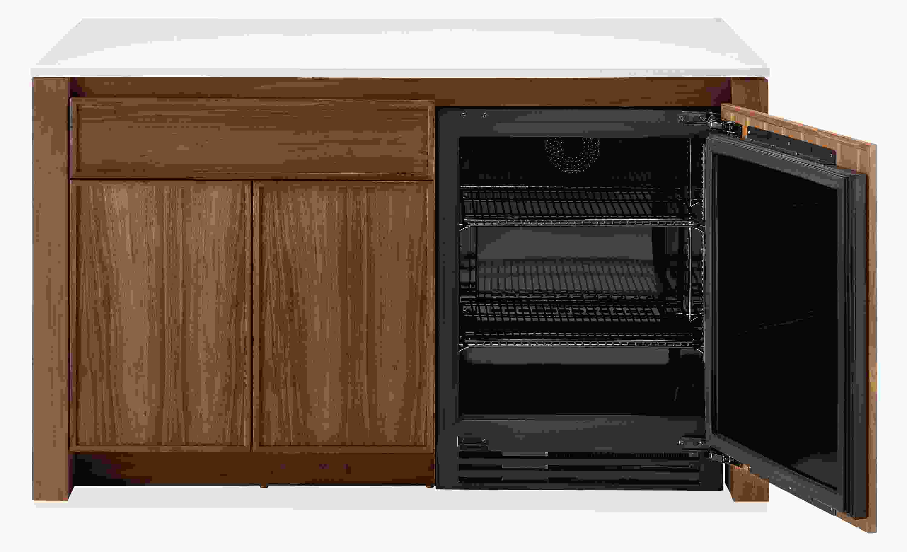 Amherst 60-wide kitchen island in walnut with white quartz with wood door fridge shown with fridge door open.