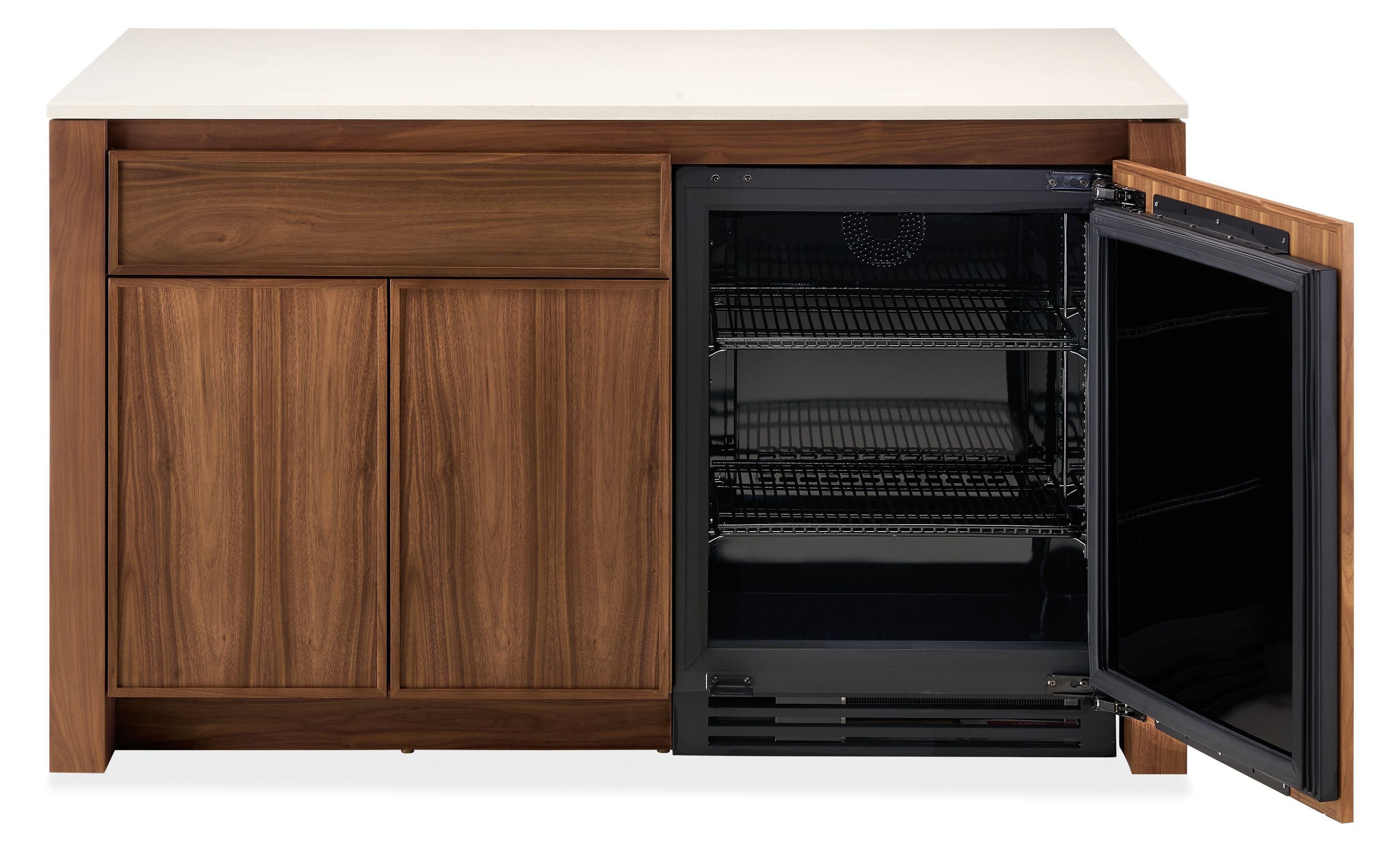 Amherst 60-wide kitchen island in walnut with white quartz with wood door fridge shown with fridge door open.