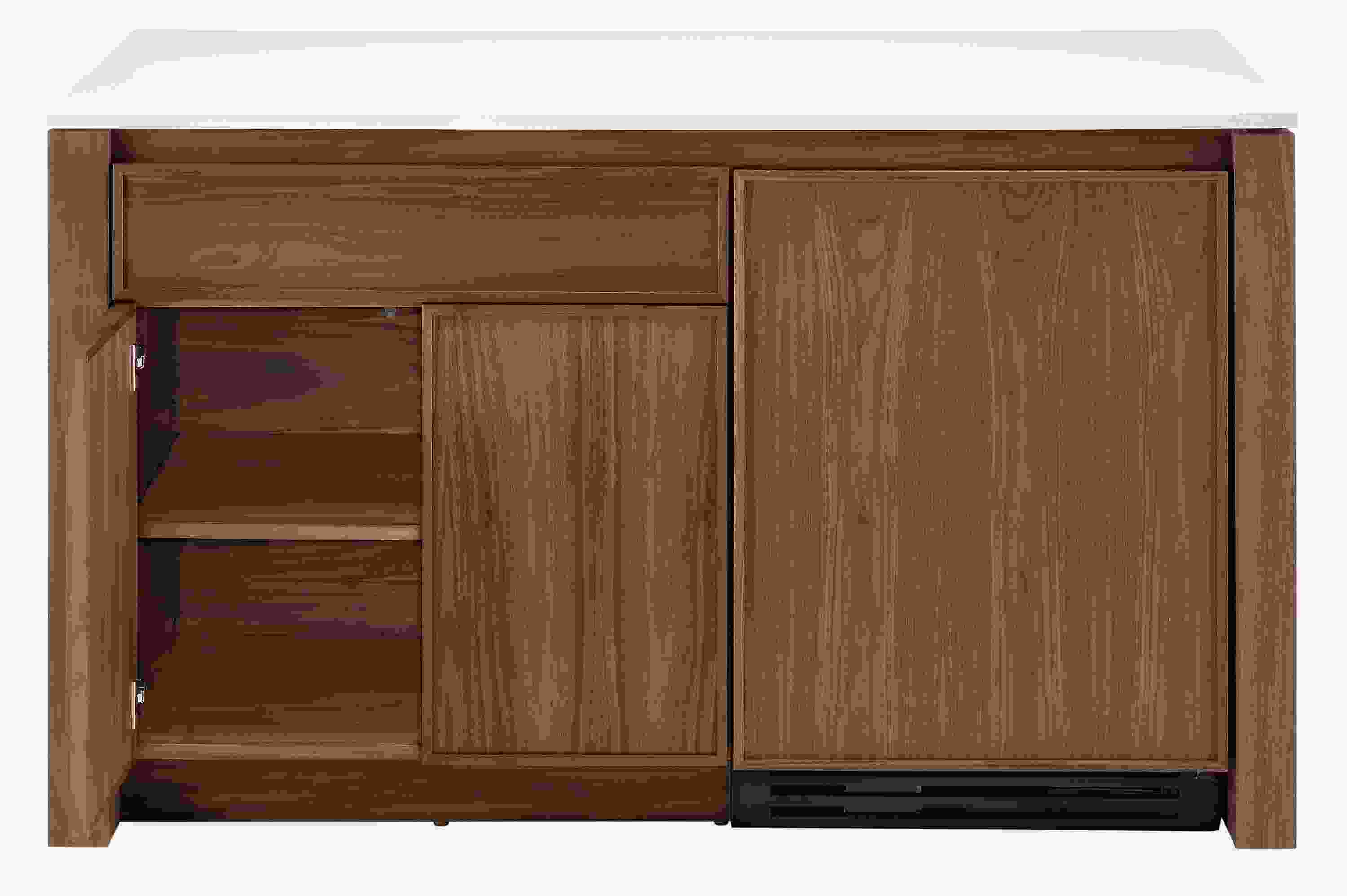 Amherst 60-wide kitchen island in walnut and white quartz with wood door fridge showing one of the doors open.