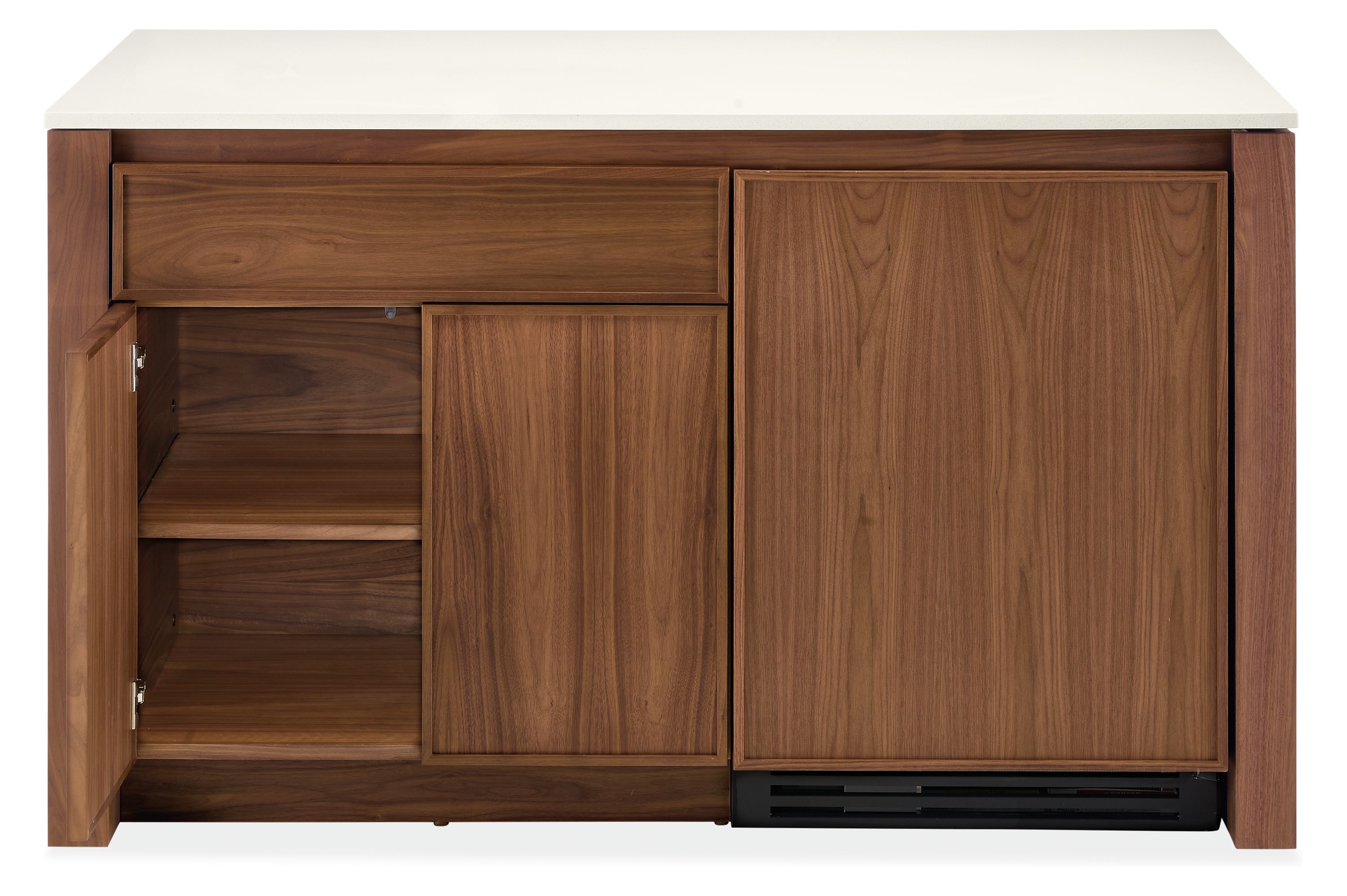 Amherst 60-wide kitchen island in walnut and white quartz with wood door fridge showing one of the doors open.