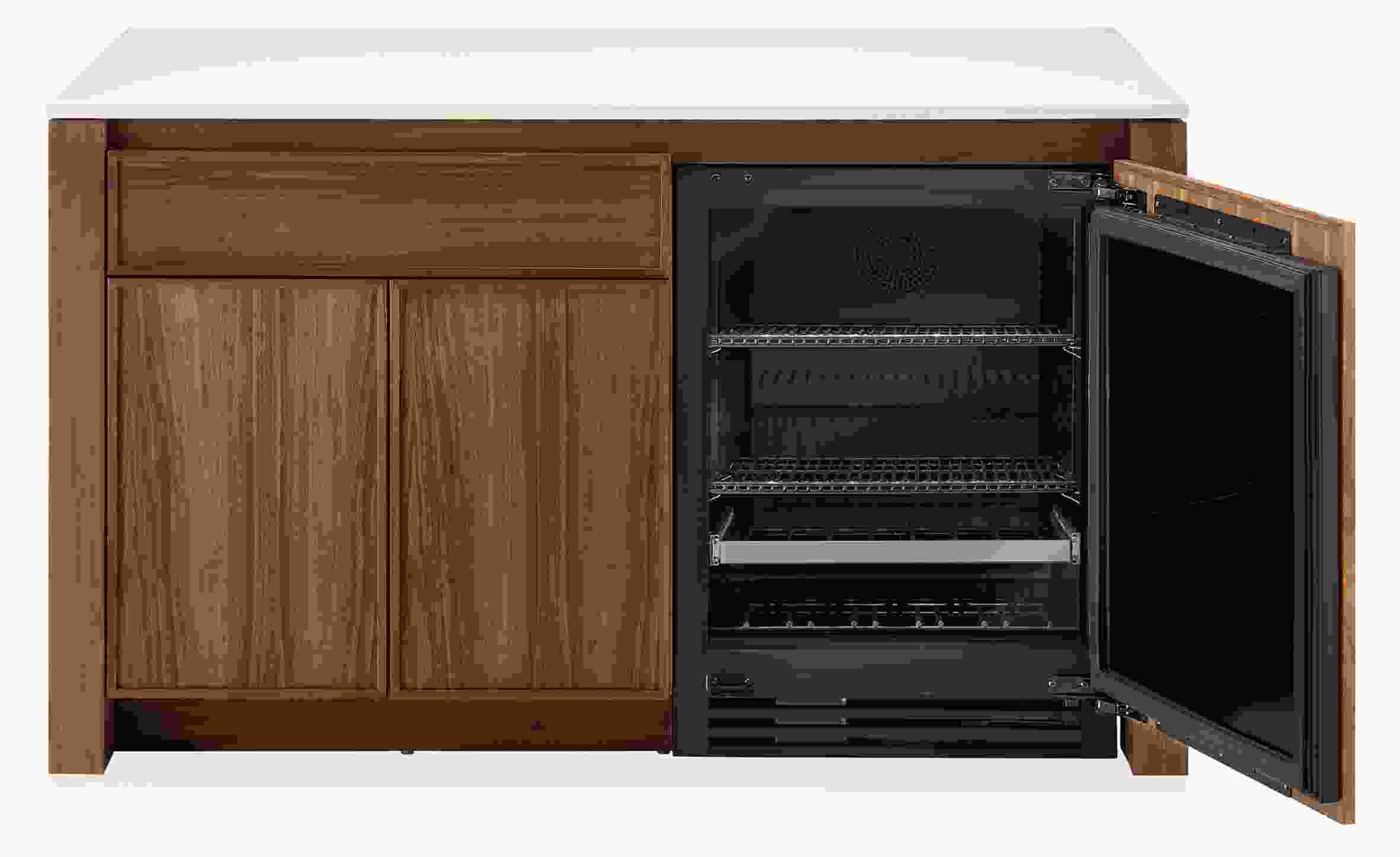 Amherst 60-wide kitchen island in walnut with white quartz with wood door fridge open and showing beverage fridge.
