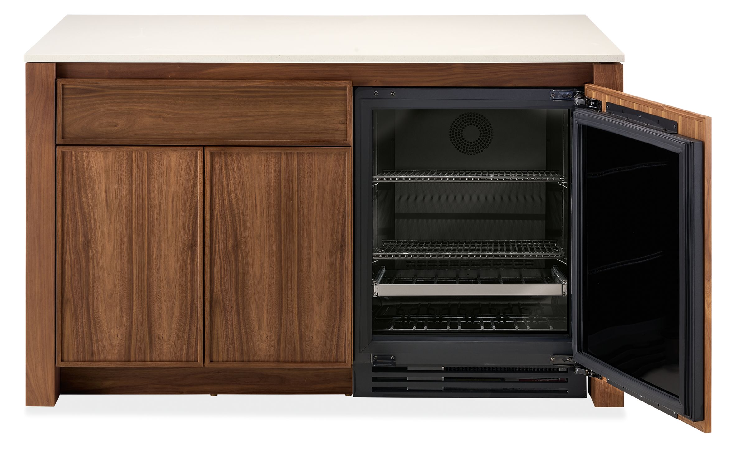Amherst 60-wide kitchen island in walnut with white quartz with wood door fridge open and showing beverage fridge.