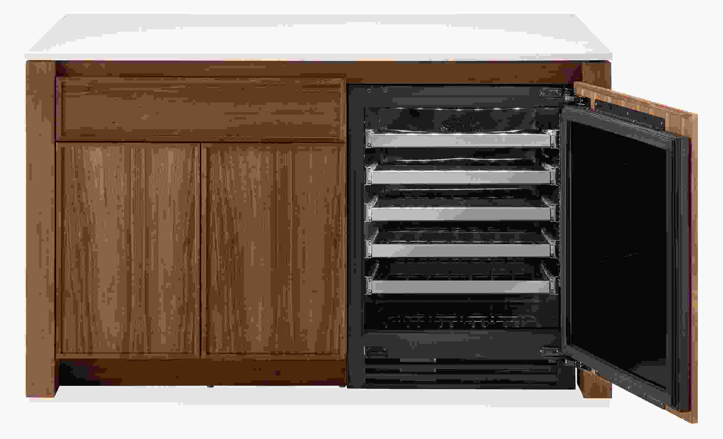 Amherst 60-wide kitchen island in walnut with white quartz with wood door fridge open and showing wine fridge.