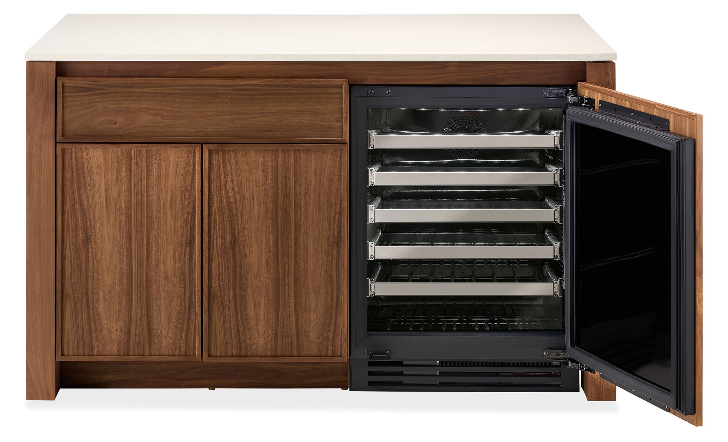 Amherst 60-wide kitchen island in walnut with white quartz with wood door fridge open and showing wine fridge.