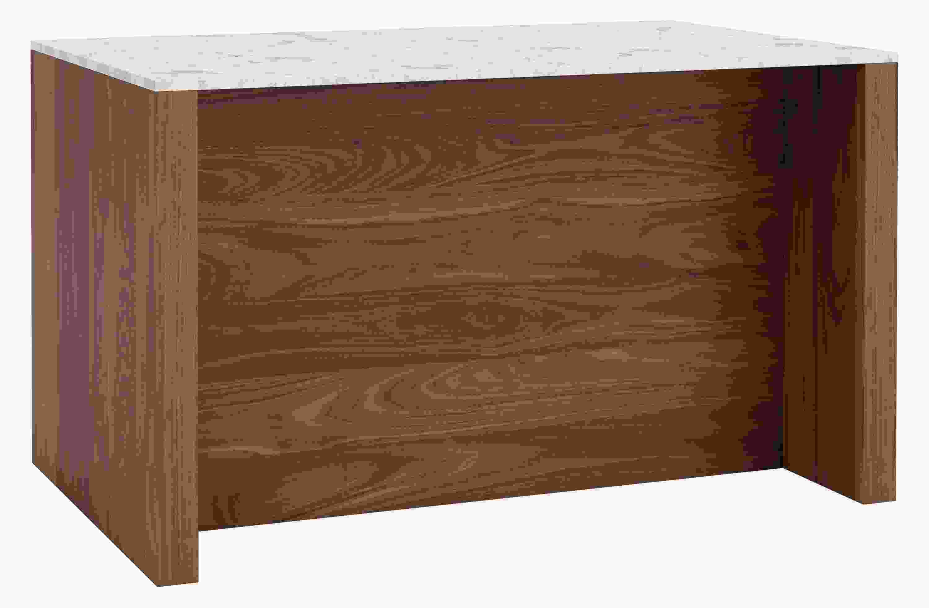 Angled view of Amherst 60w 38d 36h Kitchen Island with Wood Door Fridgein Walnut with Marble White Quartz Top.