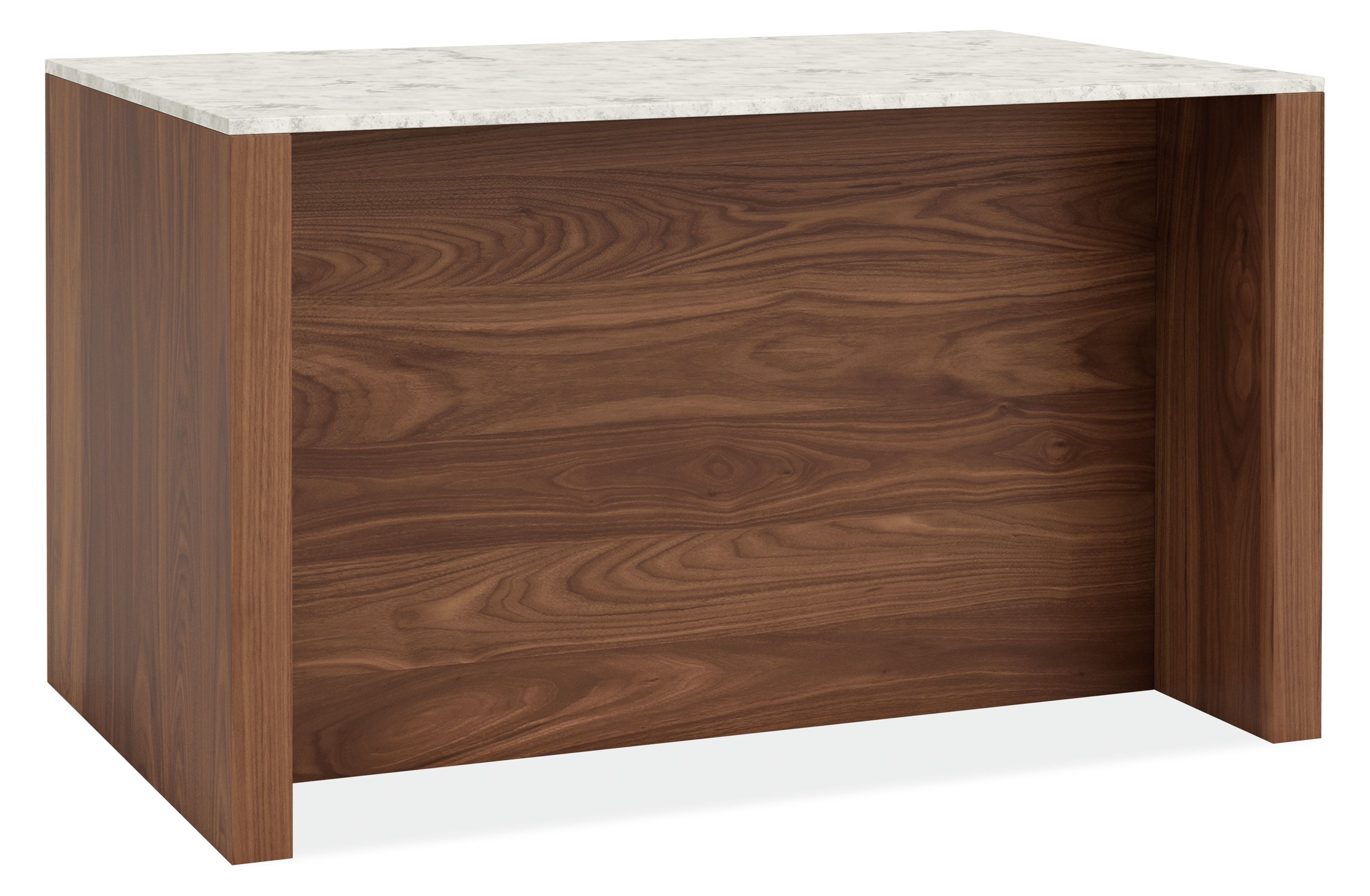 Angled view of Amherst 60w 38d 36h Kitchen Island with Wood Door Fridgein Walnut with Marble White Quartz Top.