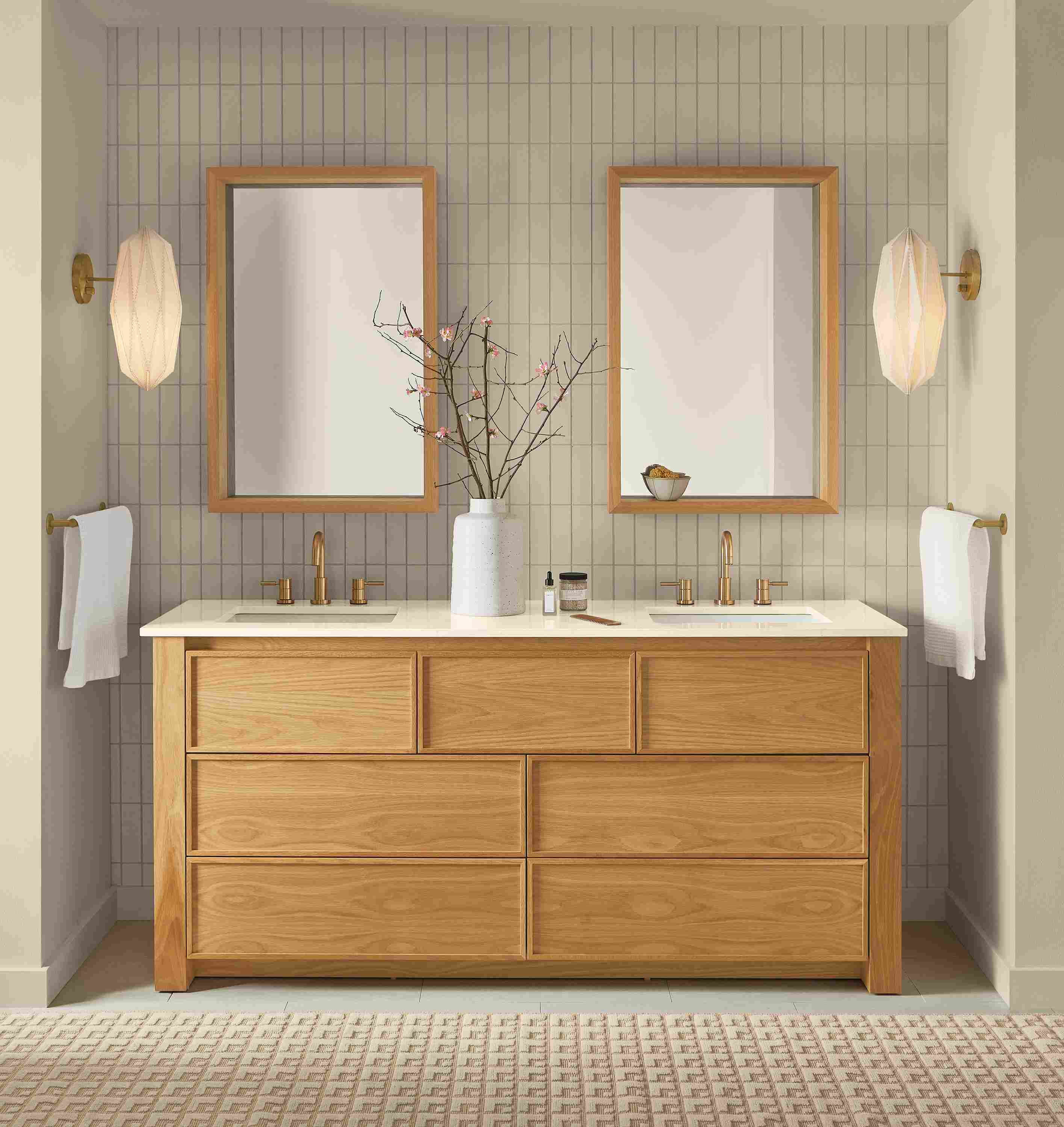 Bathroom with Amherst 72-wide vanity in white oak, Loft mirrors in white oak, Orikata sconces, Modo rug.