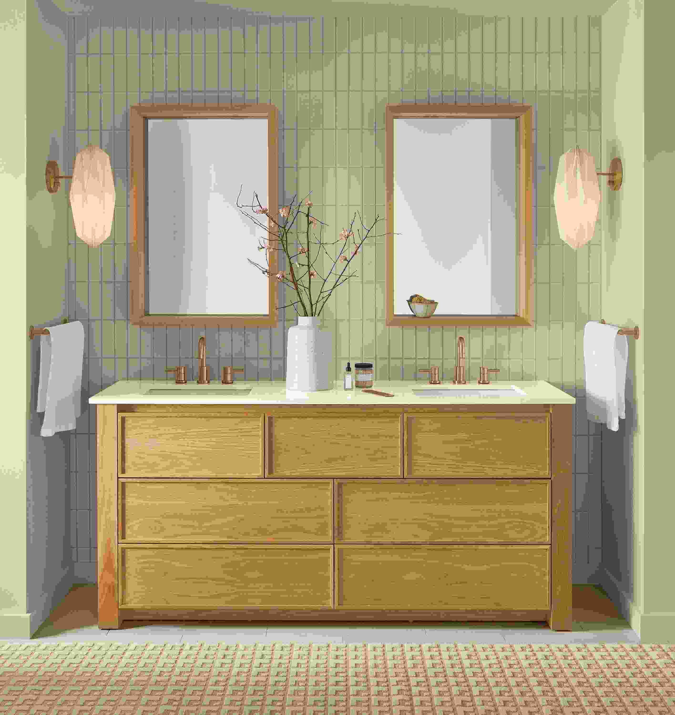 Bathroom with Amherst 72-wide vanity in white oak, Loft mirrors in white oak, Orikata sconces, Modo rug.