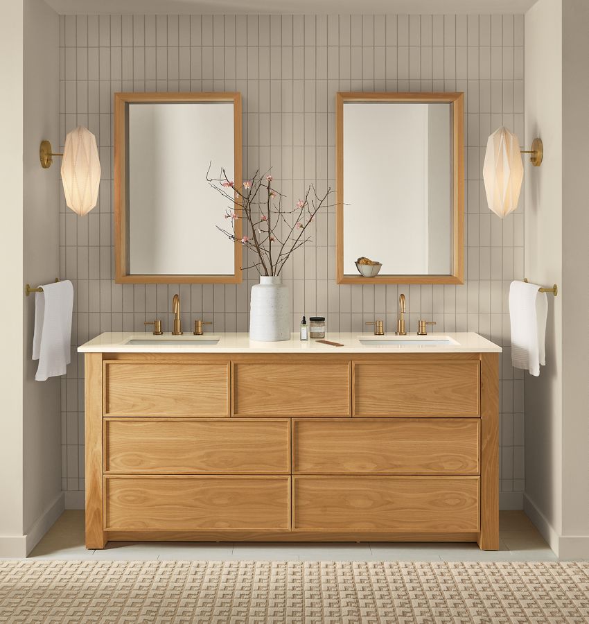 bathroom with amherst 72-wide vanity in white oak, loft mirrors in white oak, orikata sconces, modo rug.