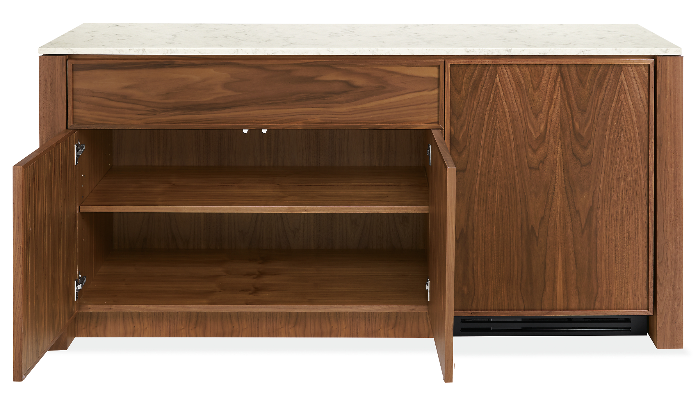 Front view of Amherst 72-wide Storage Cabinet in Walnut with closed Wood Fridge and open cabinet doors.